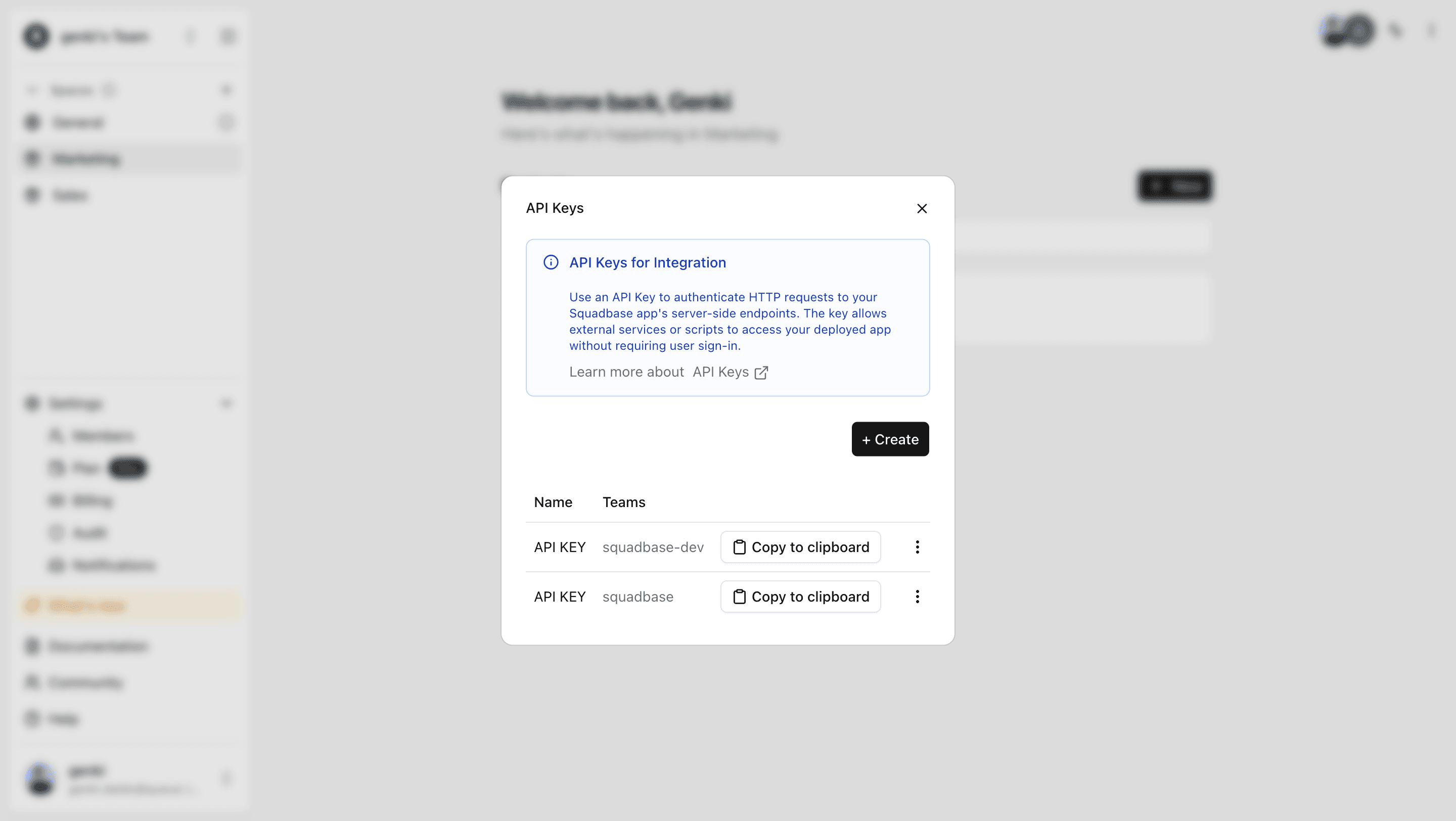 API Key creation screen