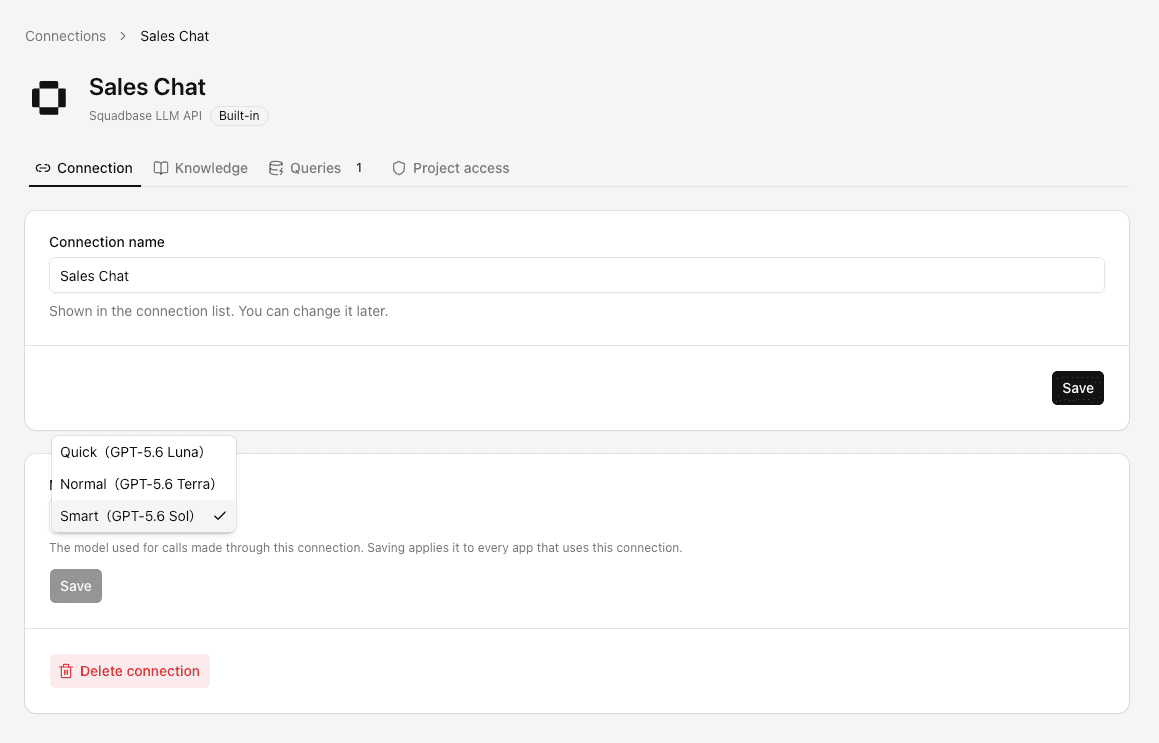 Model settings on the connection page