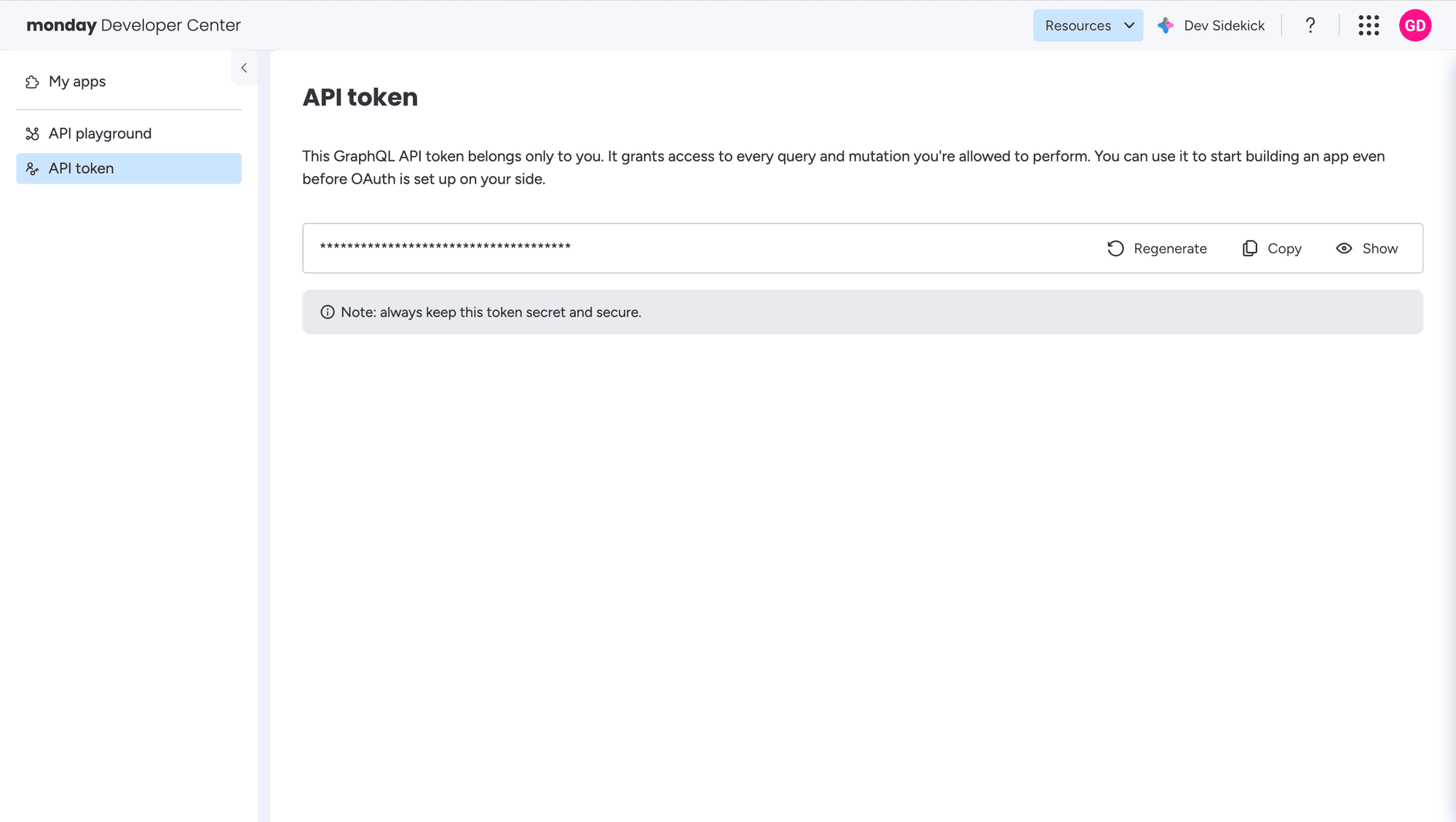 monday.com Developer Center — API token