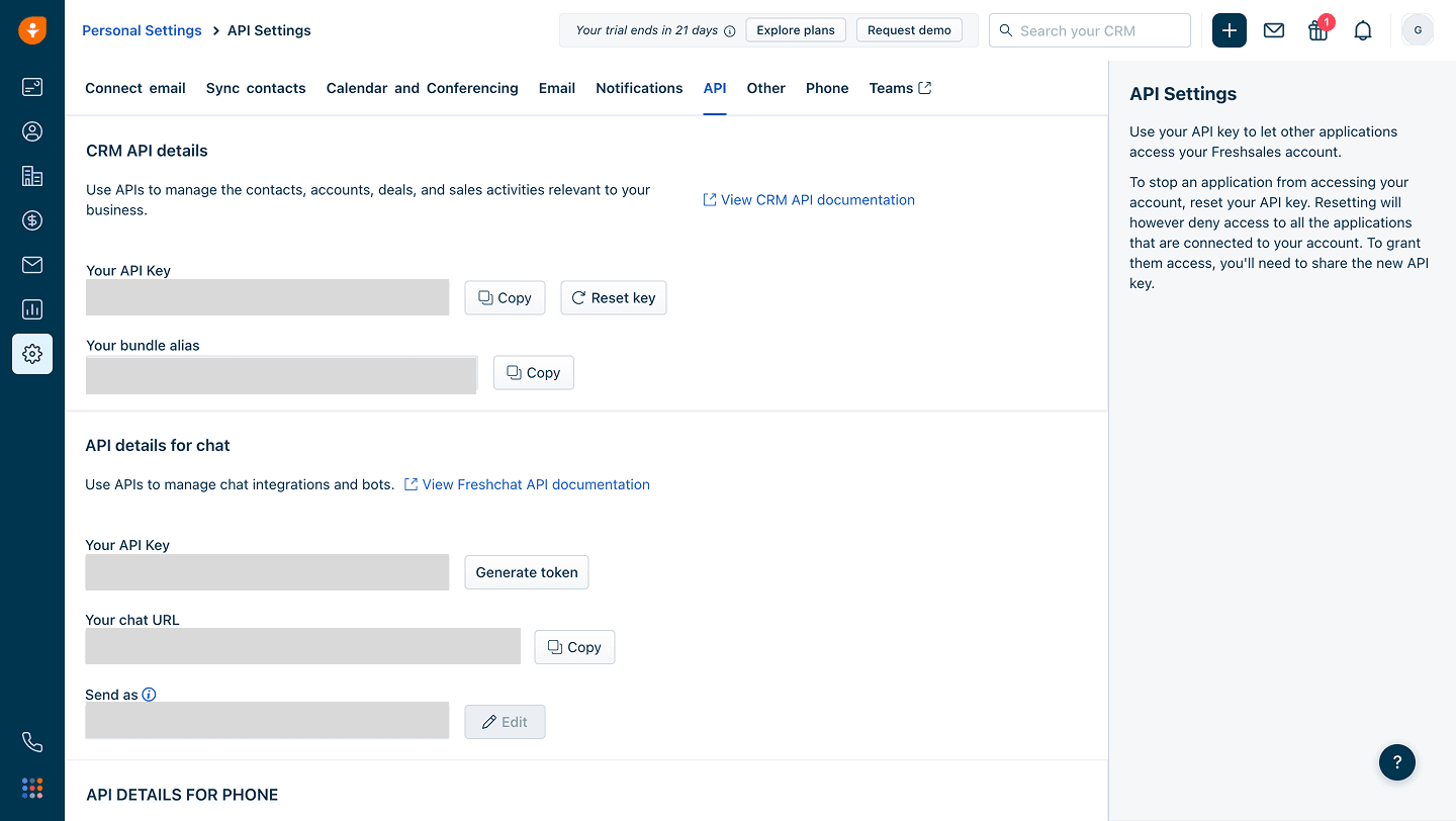 Freshsales Personal Settings — API