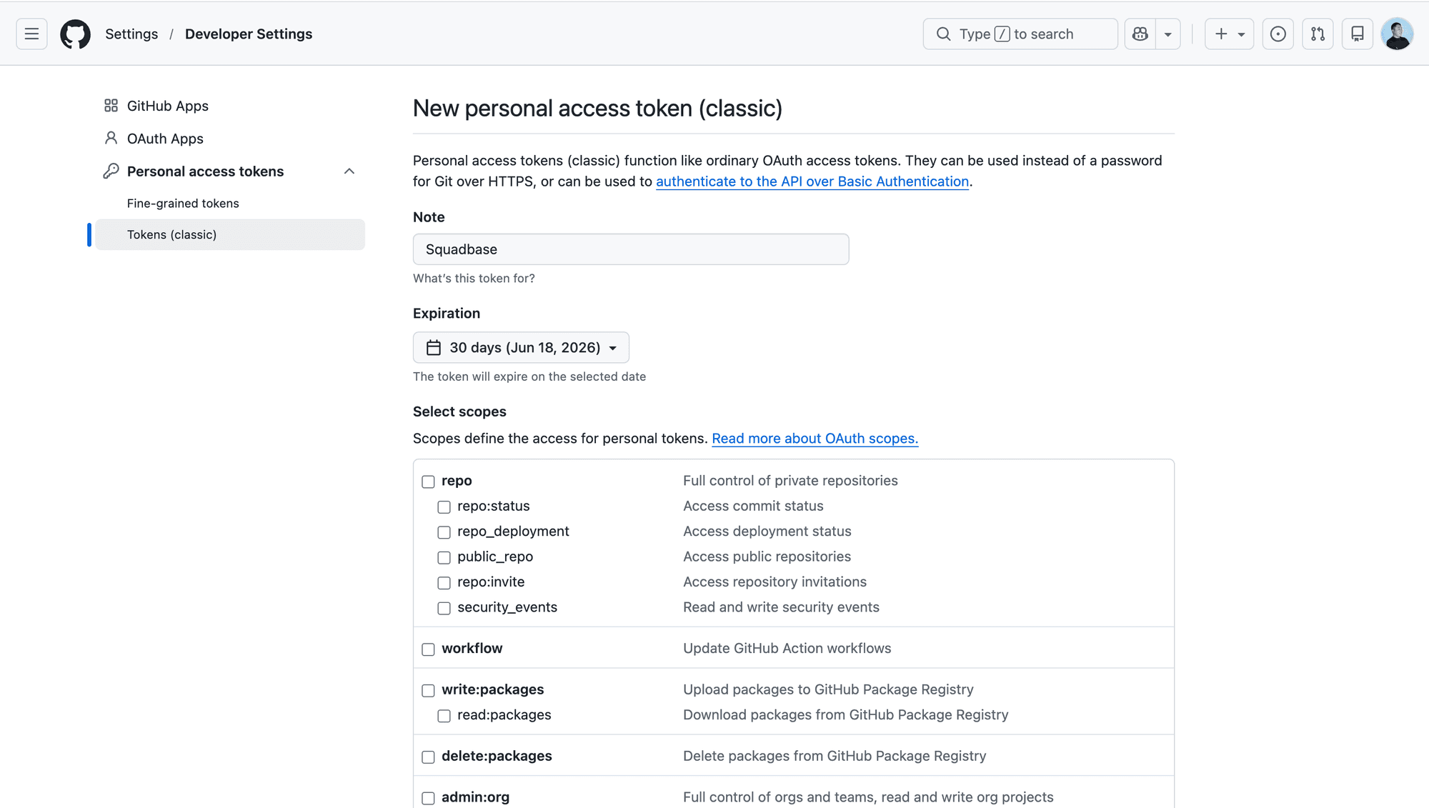 New personal access token (classic)