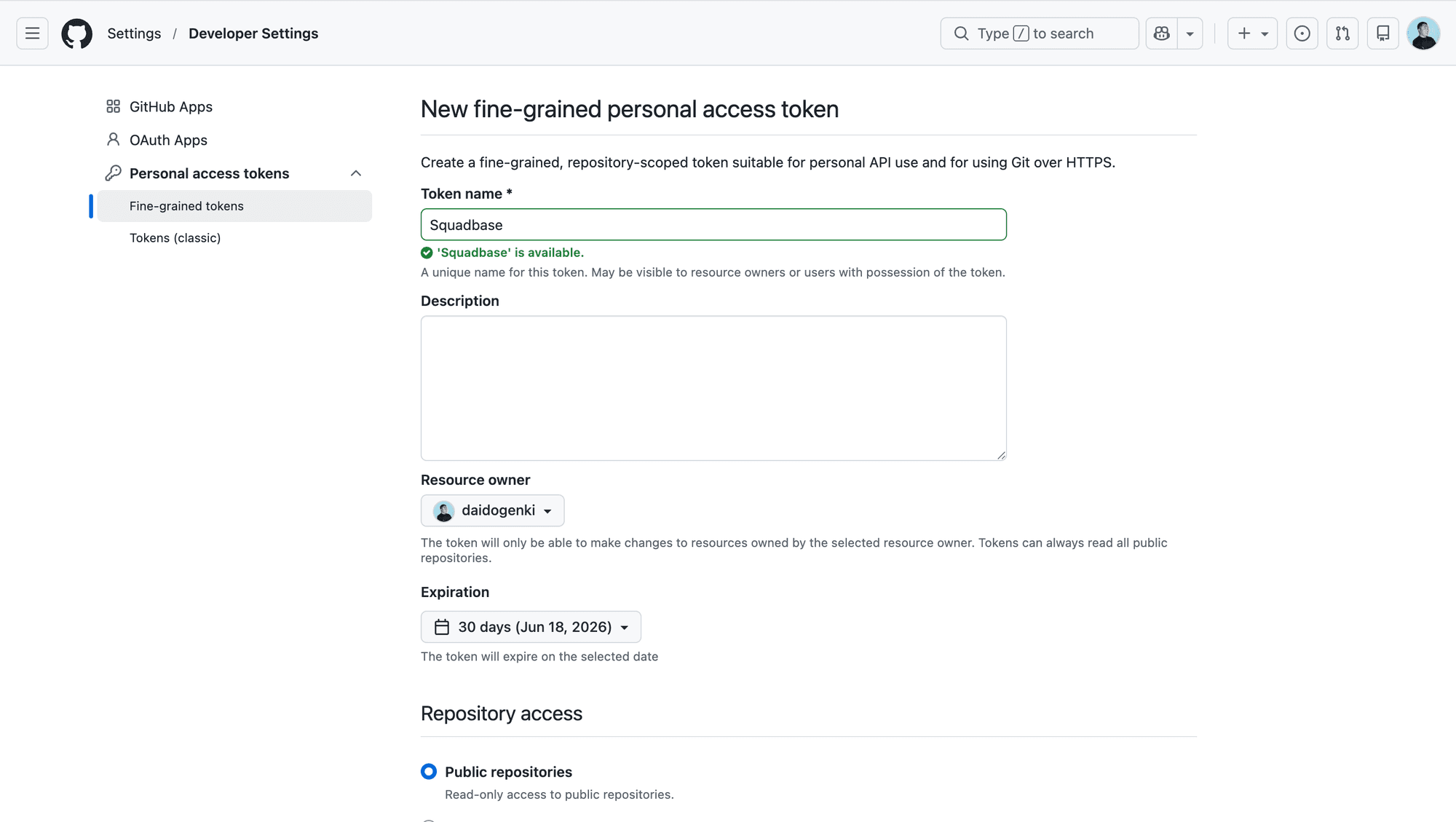 New fine-grained personal access token