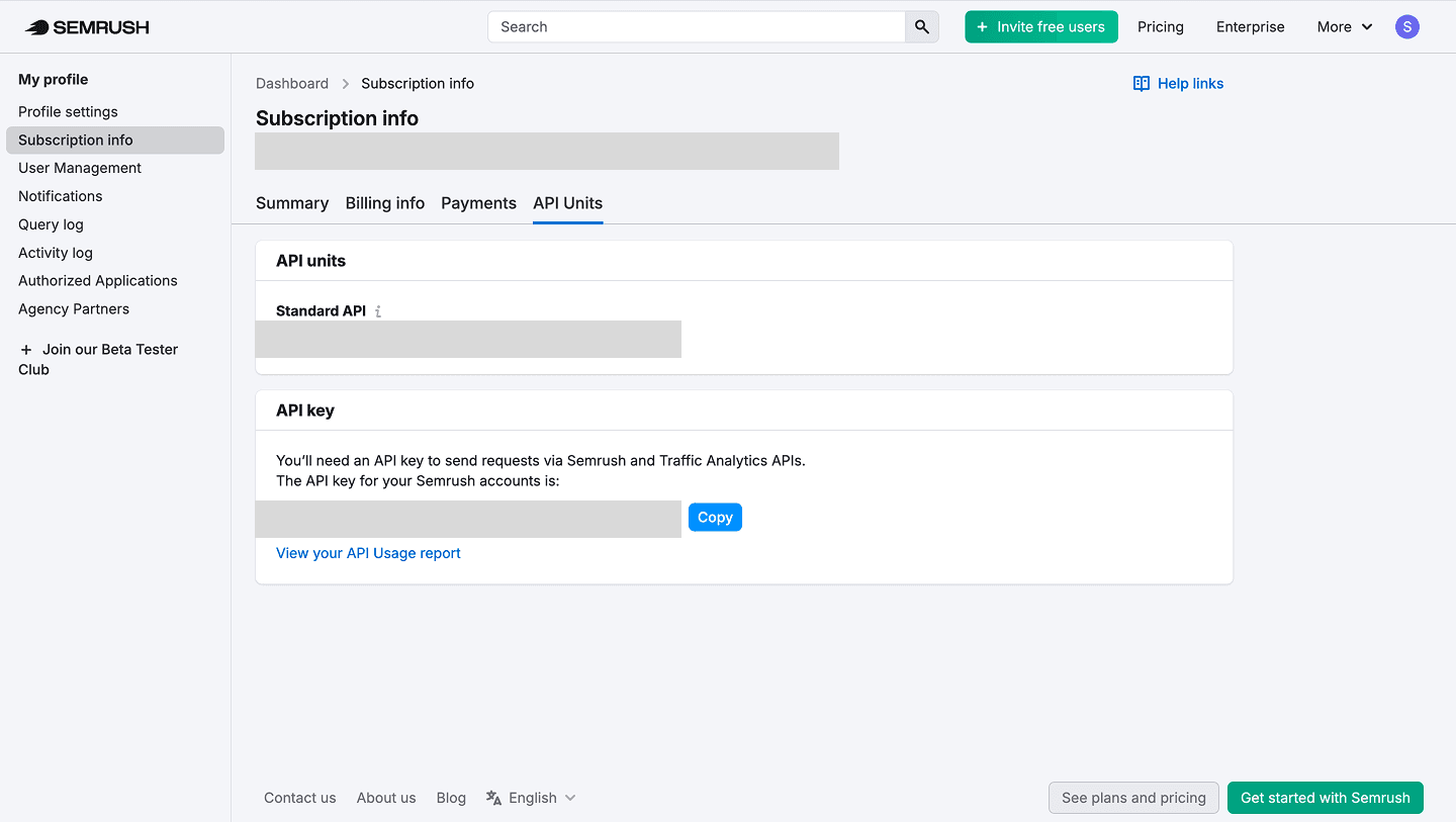 Semrush API Units — API key