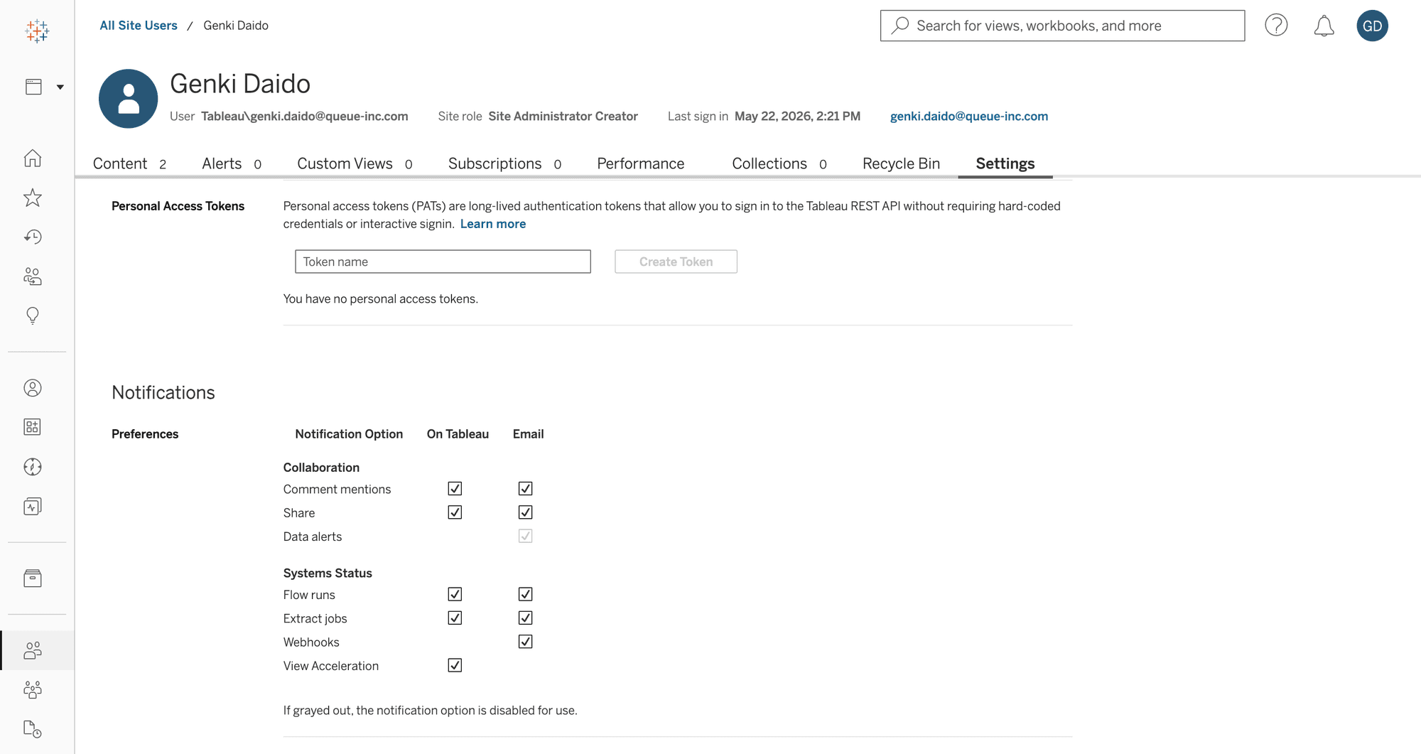Tableau Personal Access Tokens settings