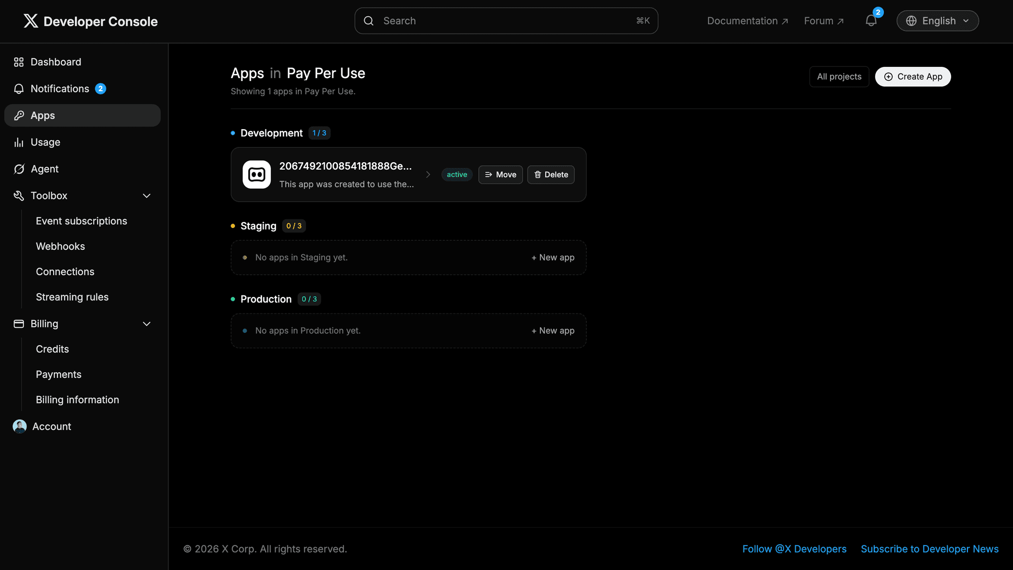 X Developer Console Appsページ