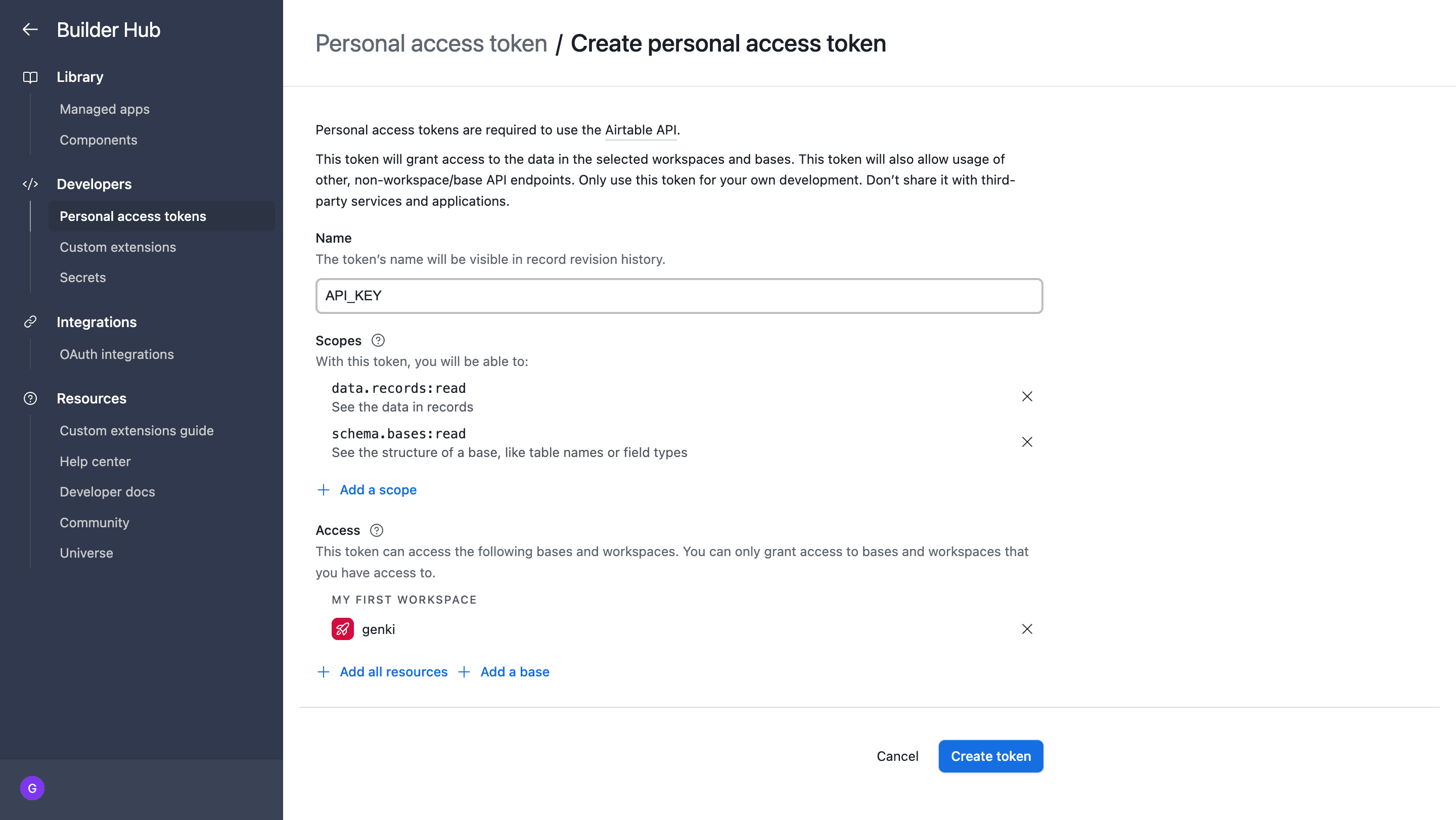 Airtableトークン作成画面
