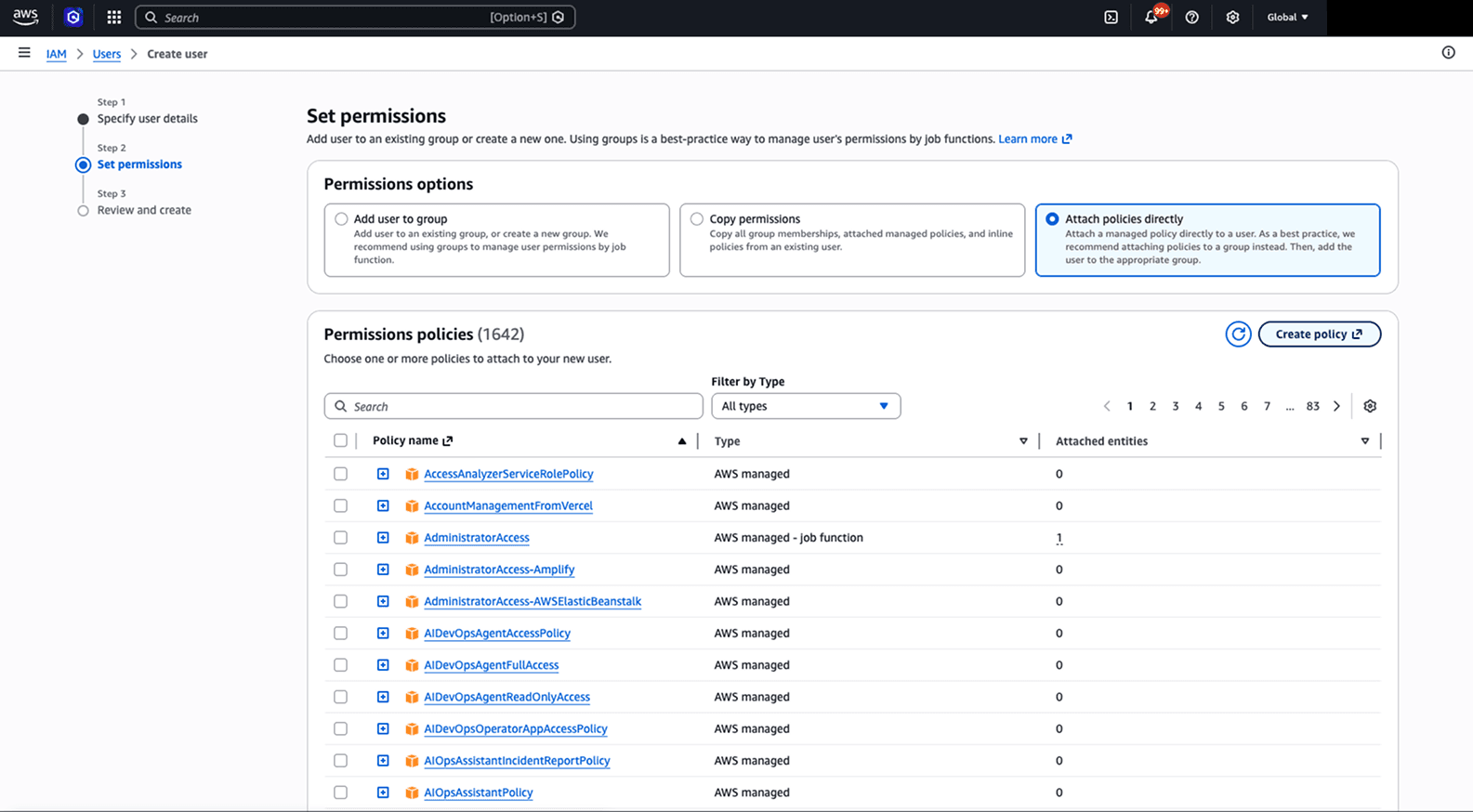 IAM Set permissions screen