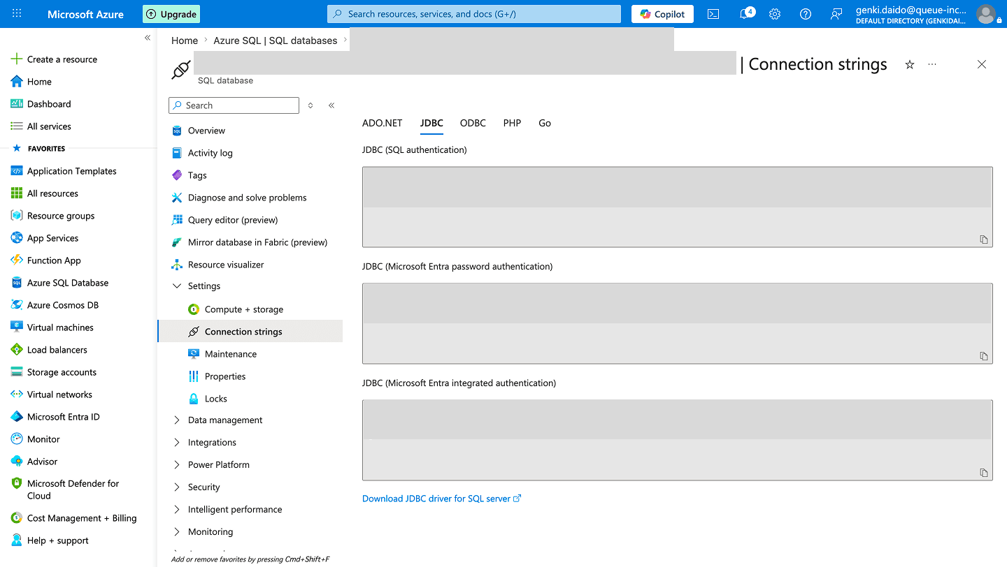 Azure SQL Connection strings page