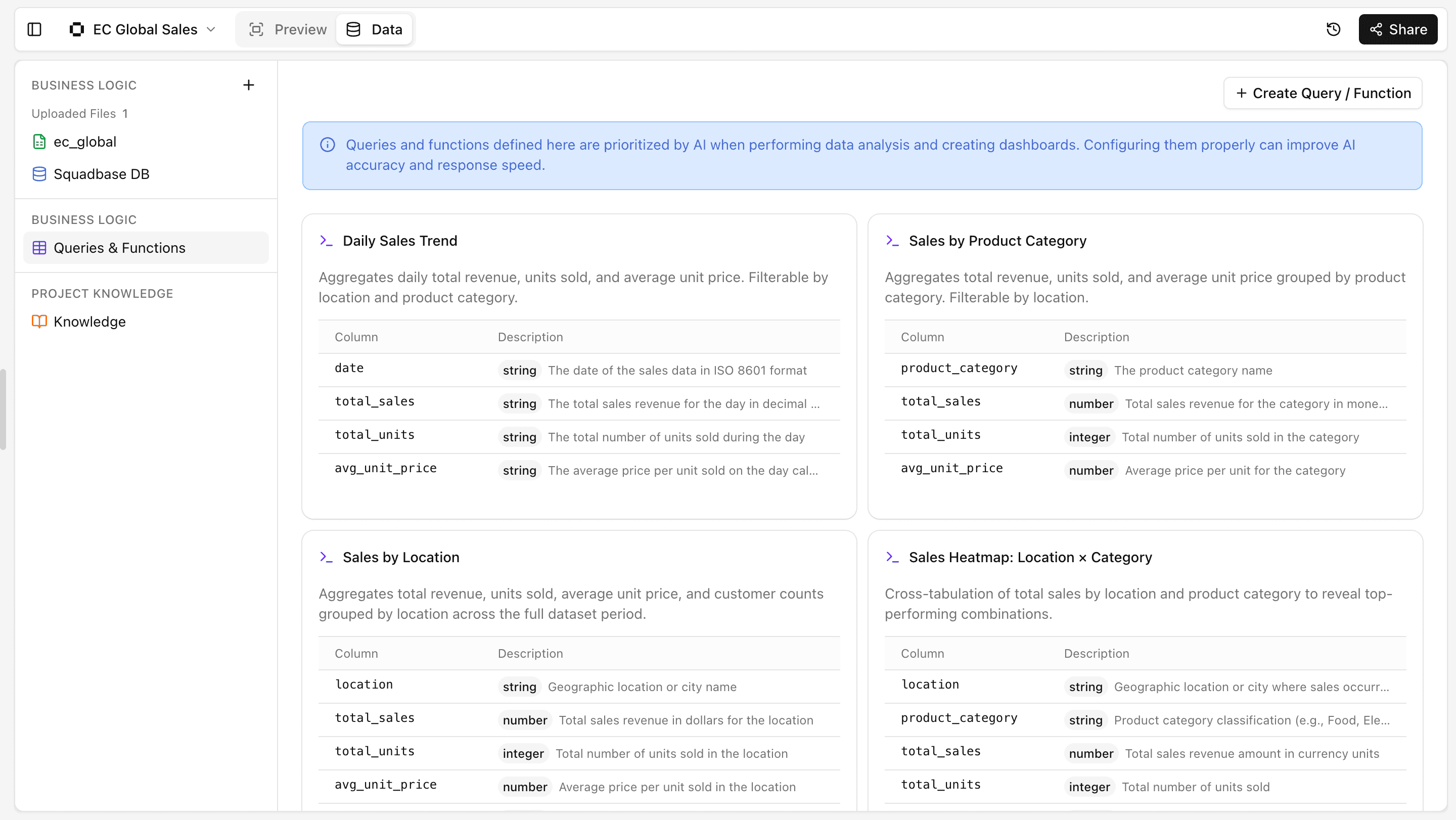 クエリ・関数の追加画面