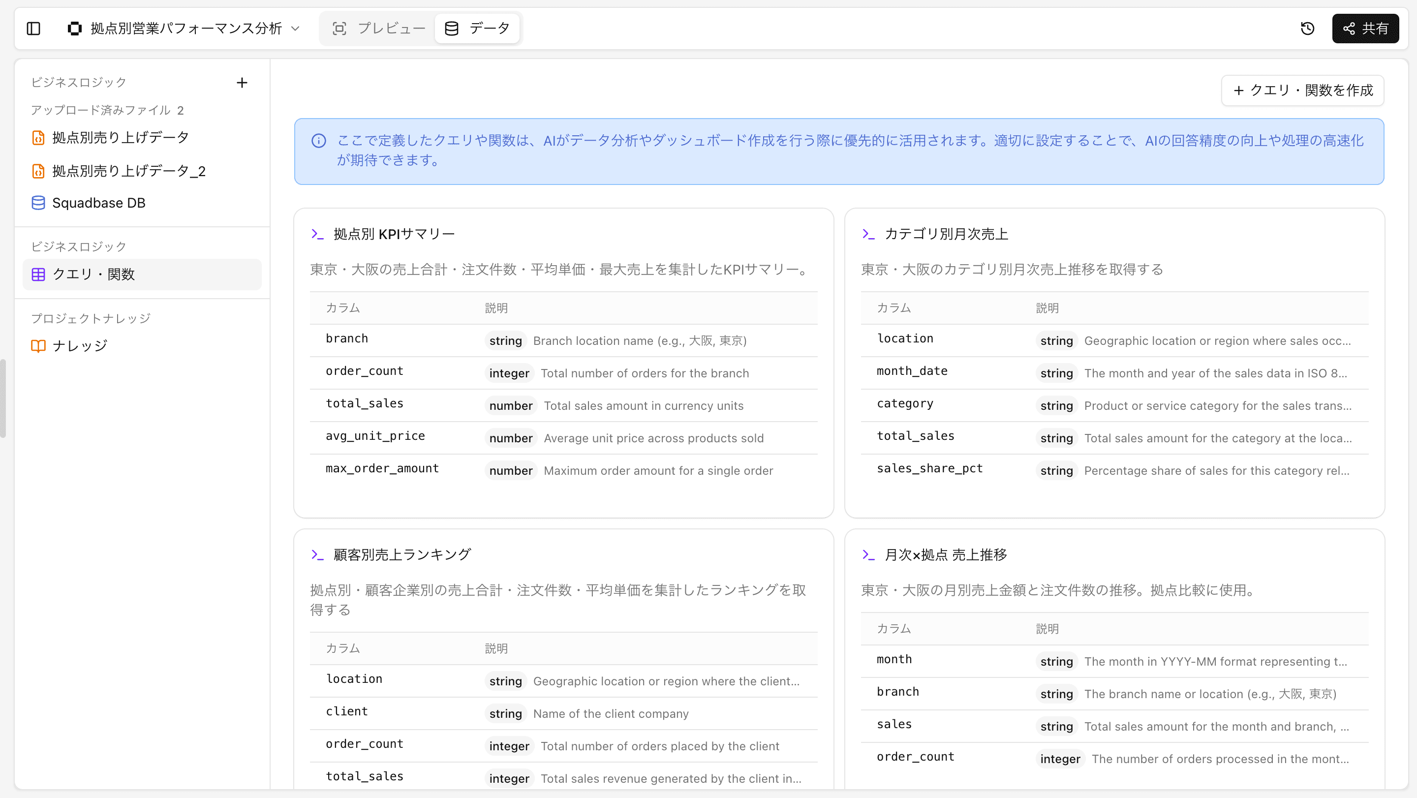 クエリ・関数の追加画面