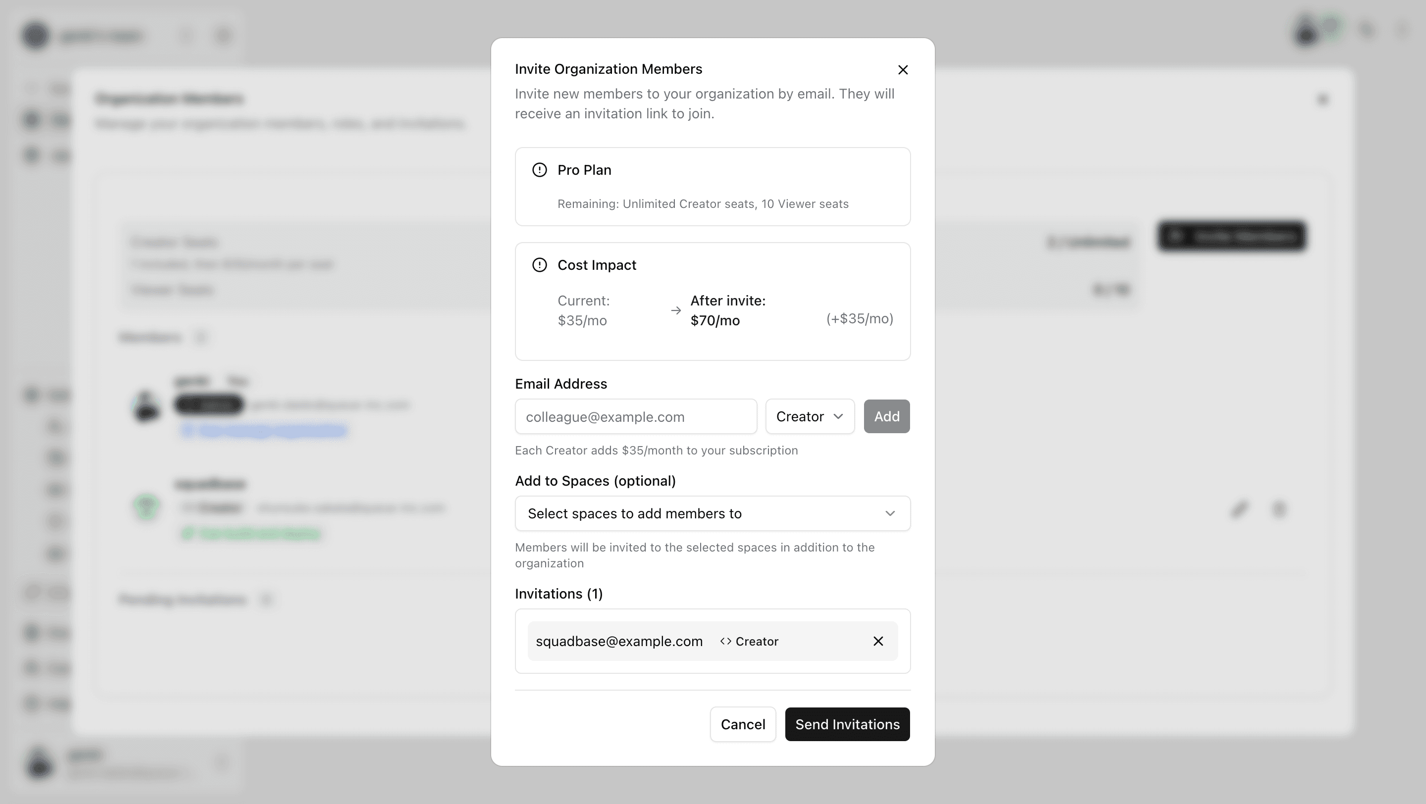 Member invitation screen