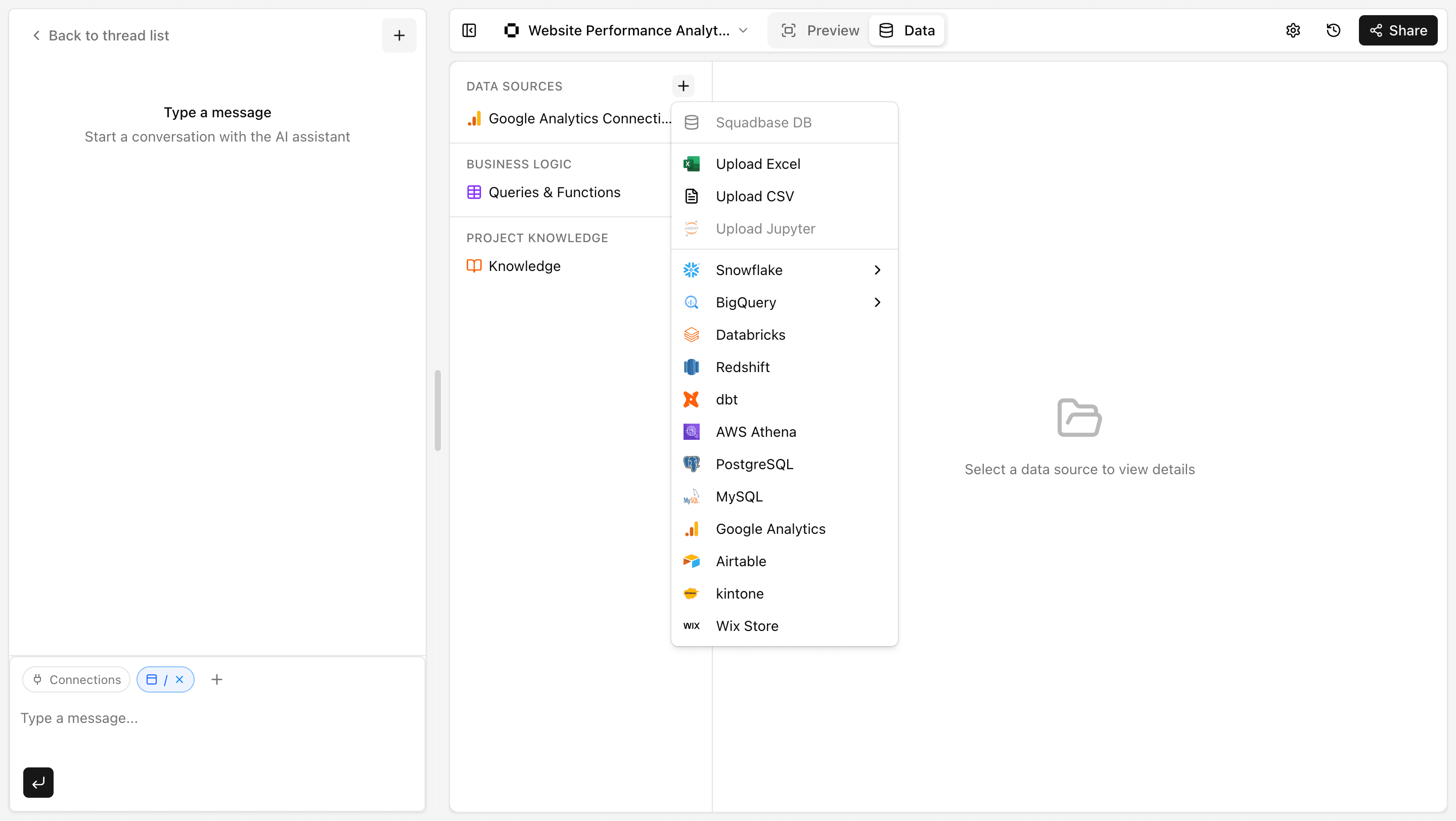 Selecting a Connector from the Data tab
