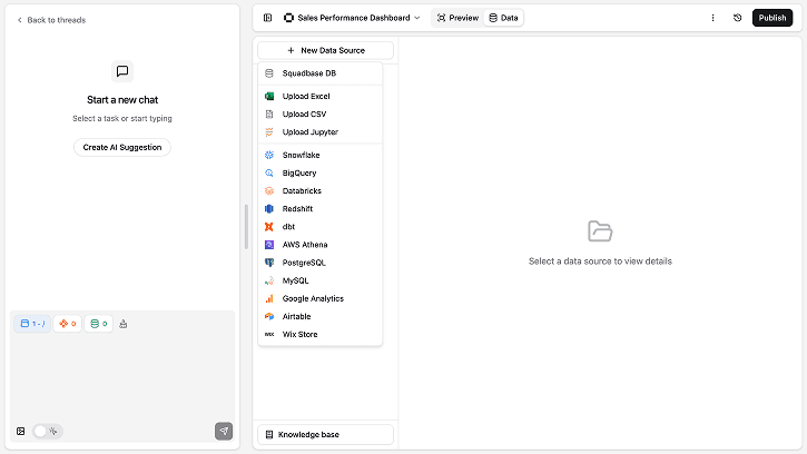 Selecting a data source from the Data tab