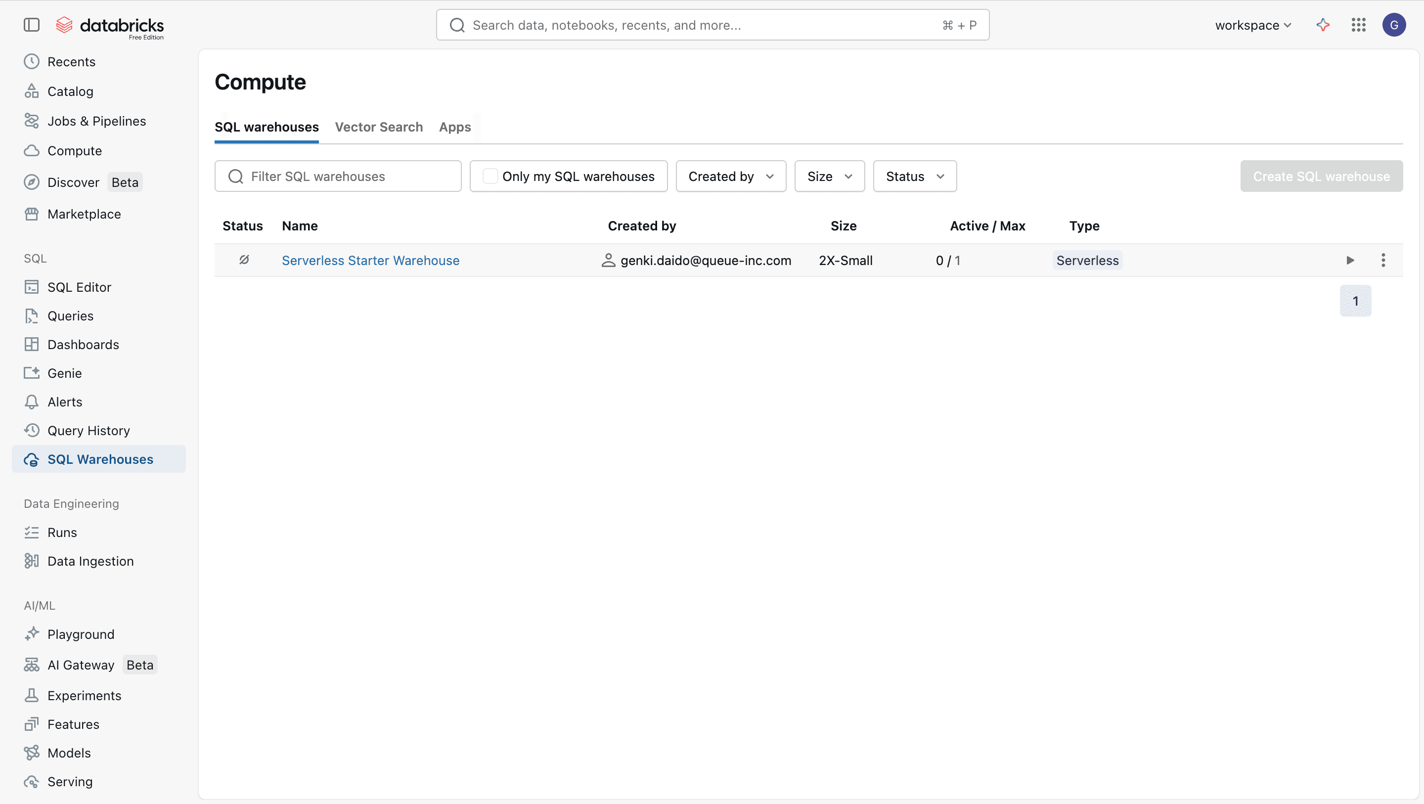 Databricks SQL Warehouses一覧