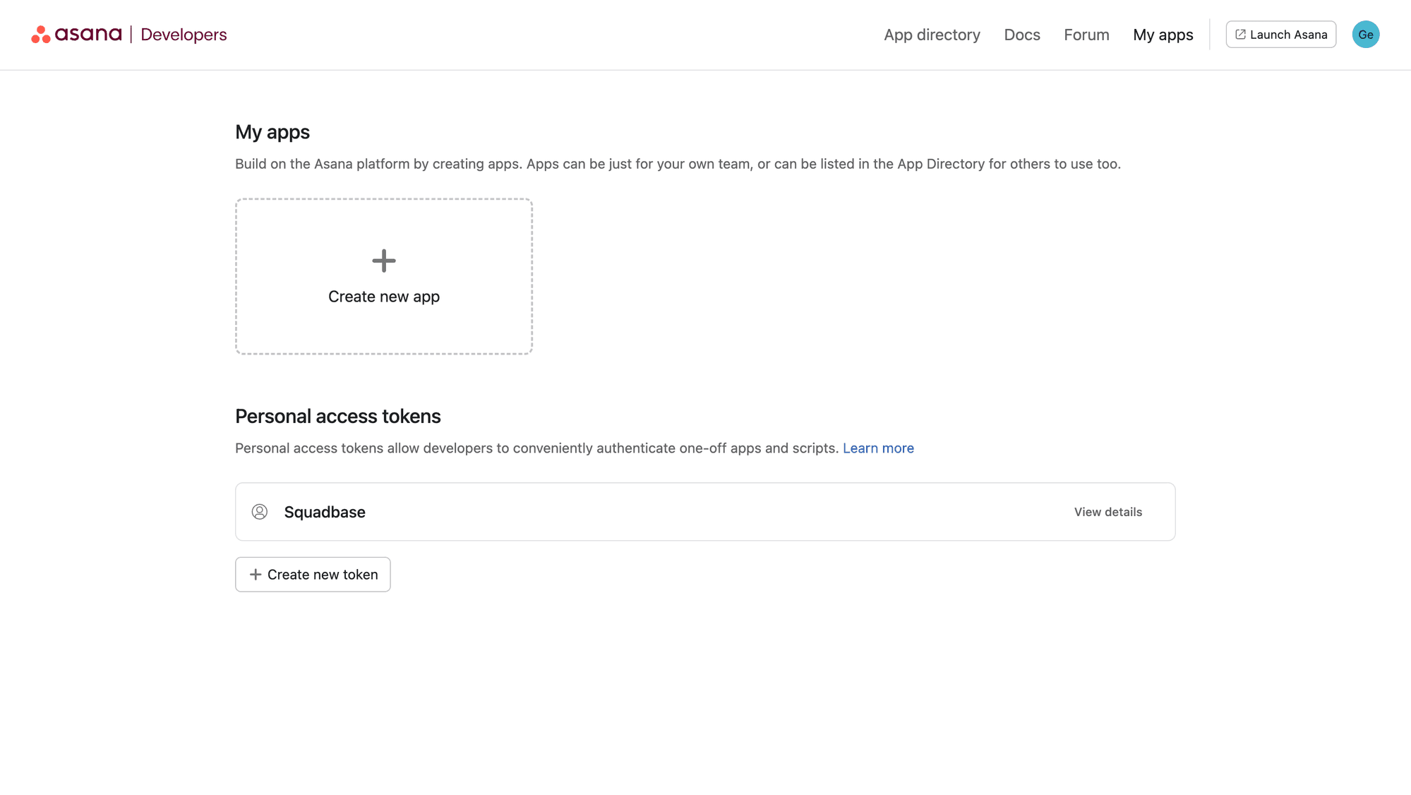Asana My apps — Personal access tokens