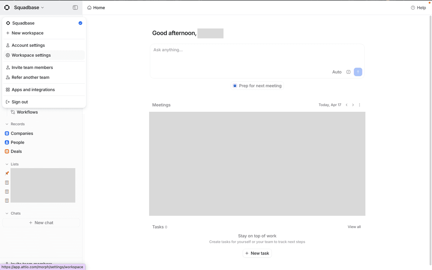 Attio ワークスペース設定メニュー