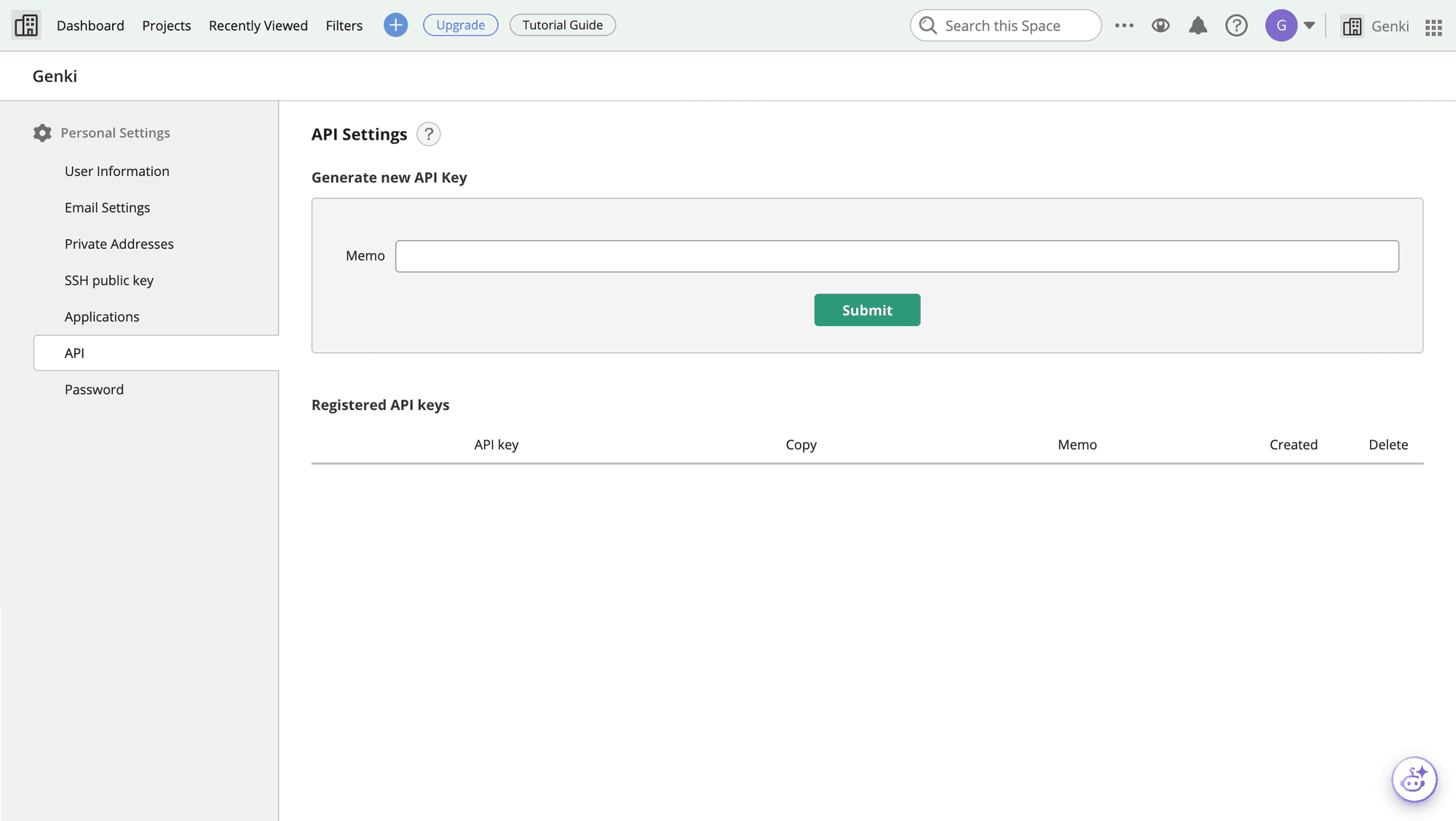 Backlog API Settings page