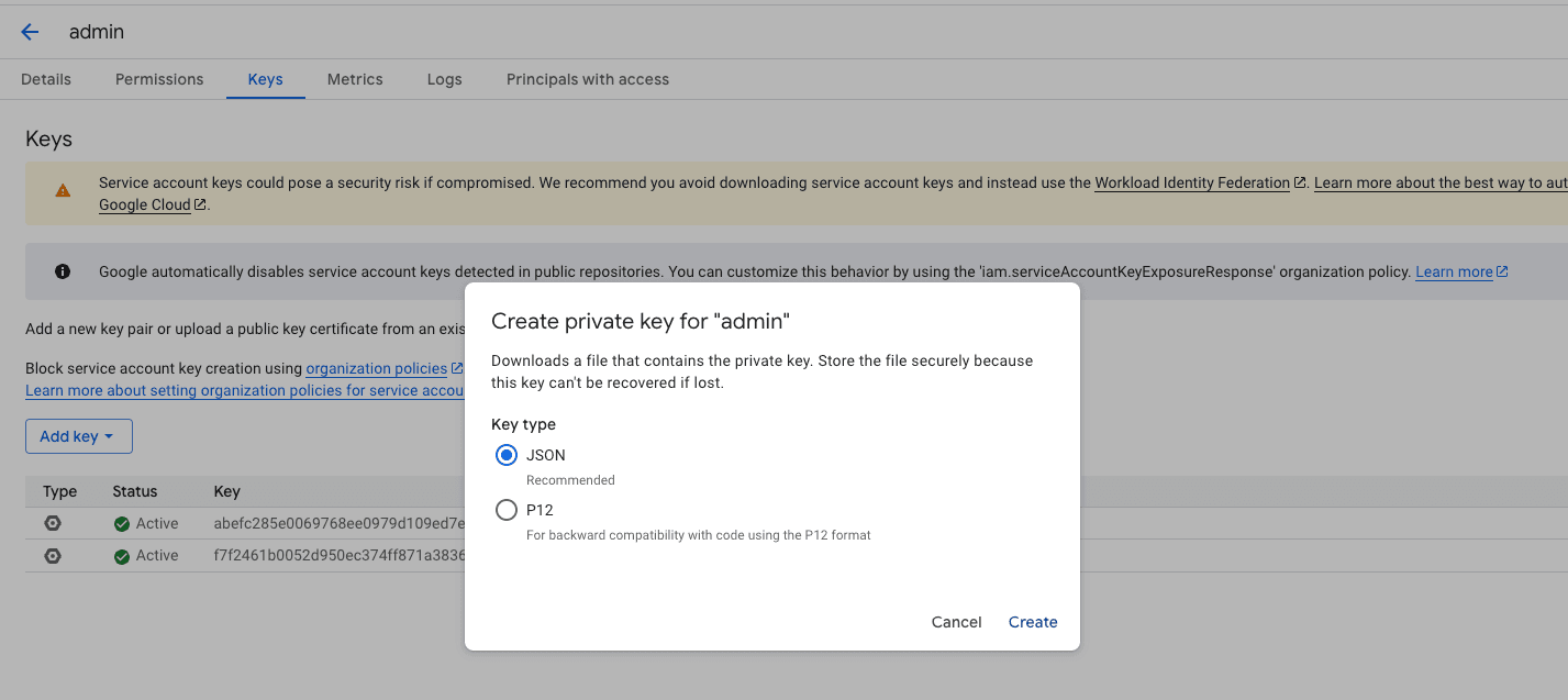 Create private key dialog with JSON selected