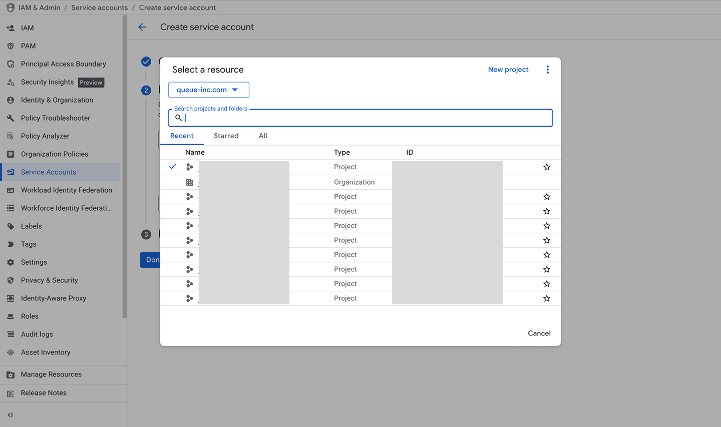 Selecting a project ID from the project selection dialog