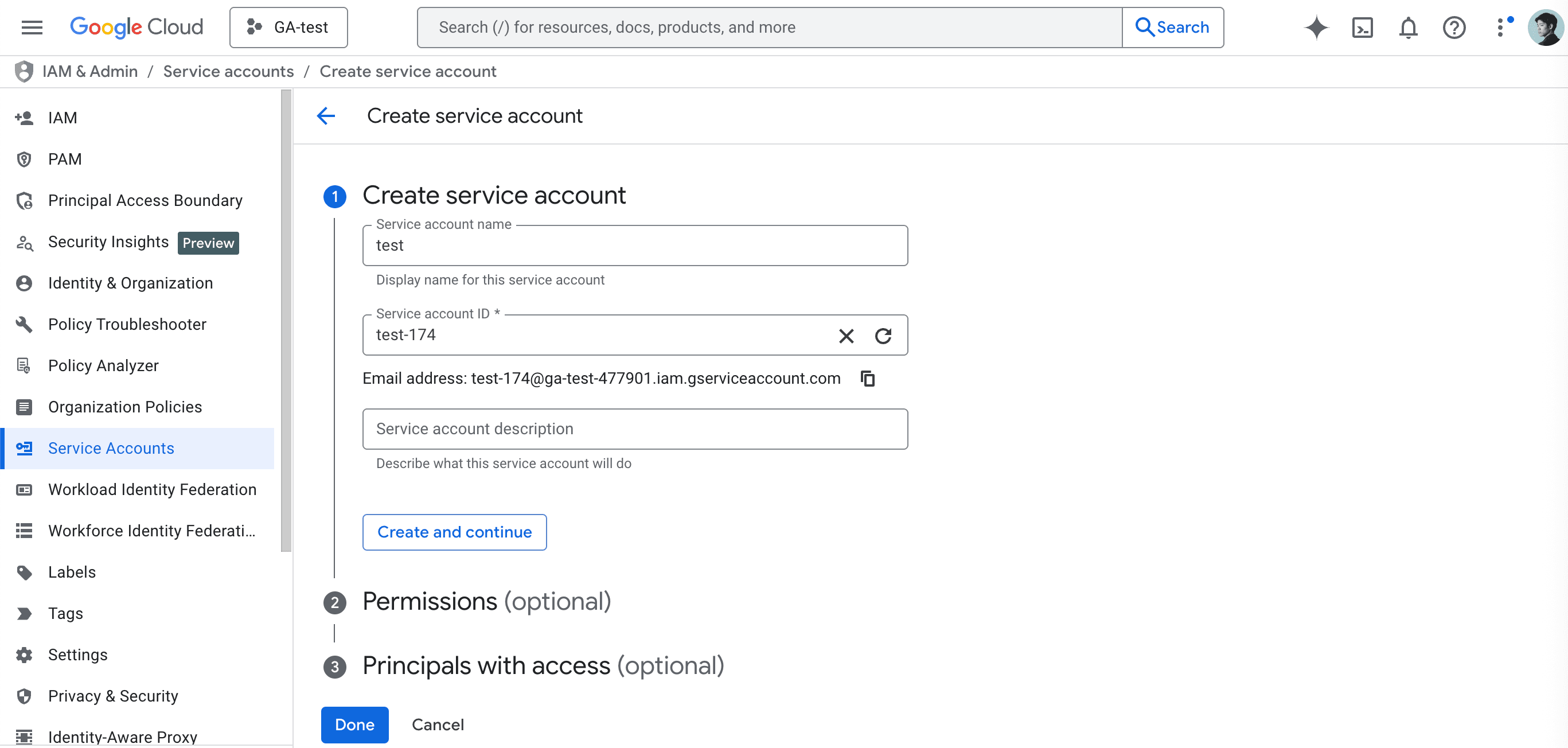 Service account creation form