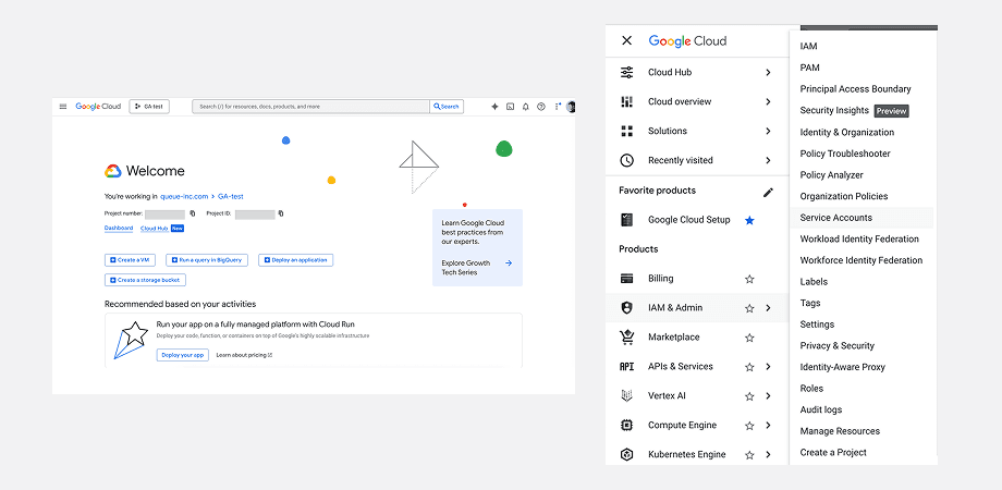 Google Cloud コンソールのメニューから Service Accounts を開く