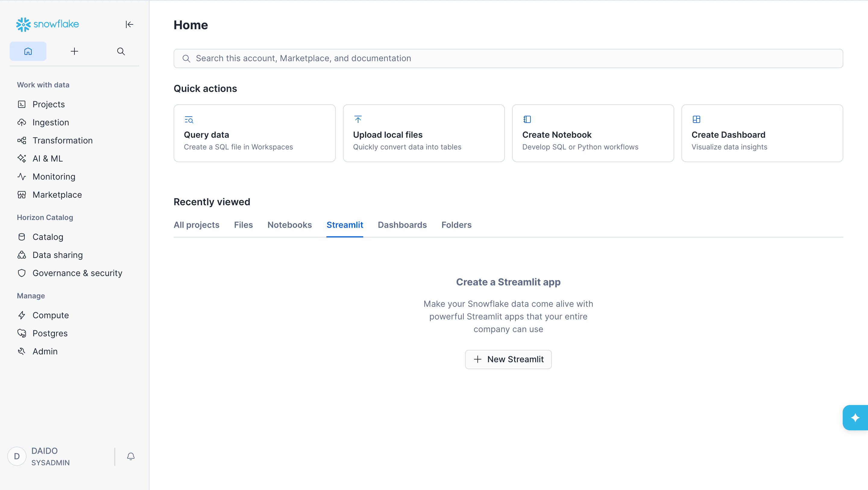 Snowflake personal settings screen showing the Account field