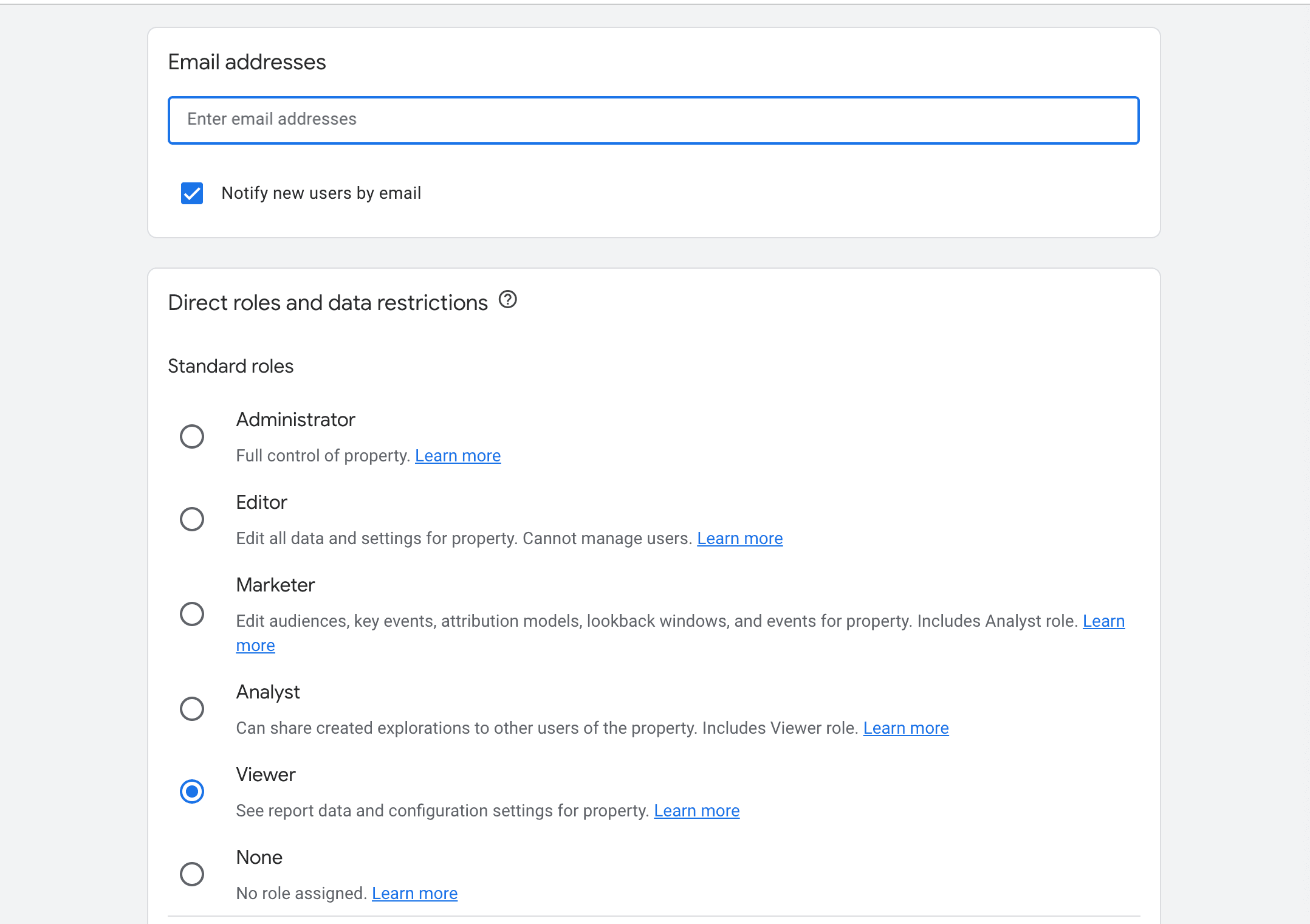 Entering the service account email and adding with Viewer role