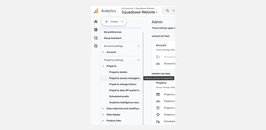 Opening Property access management from the Google Analytics admin menu