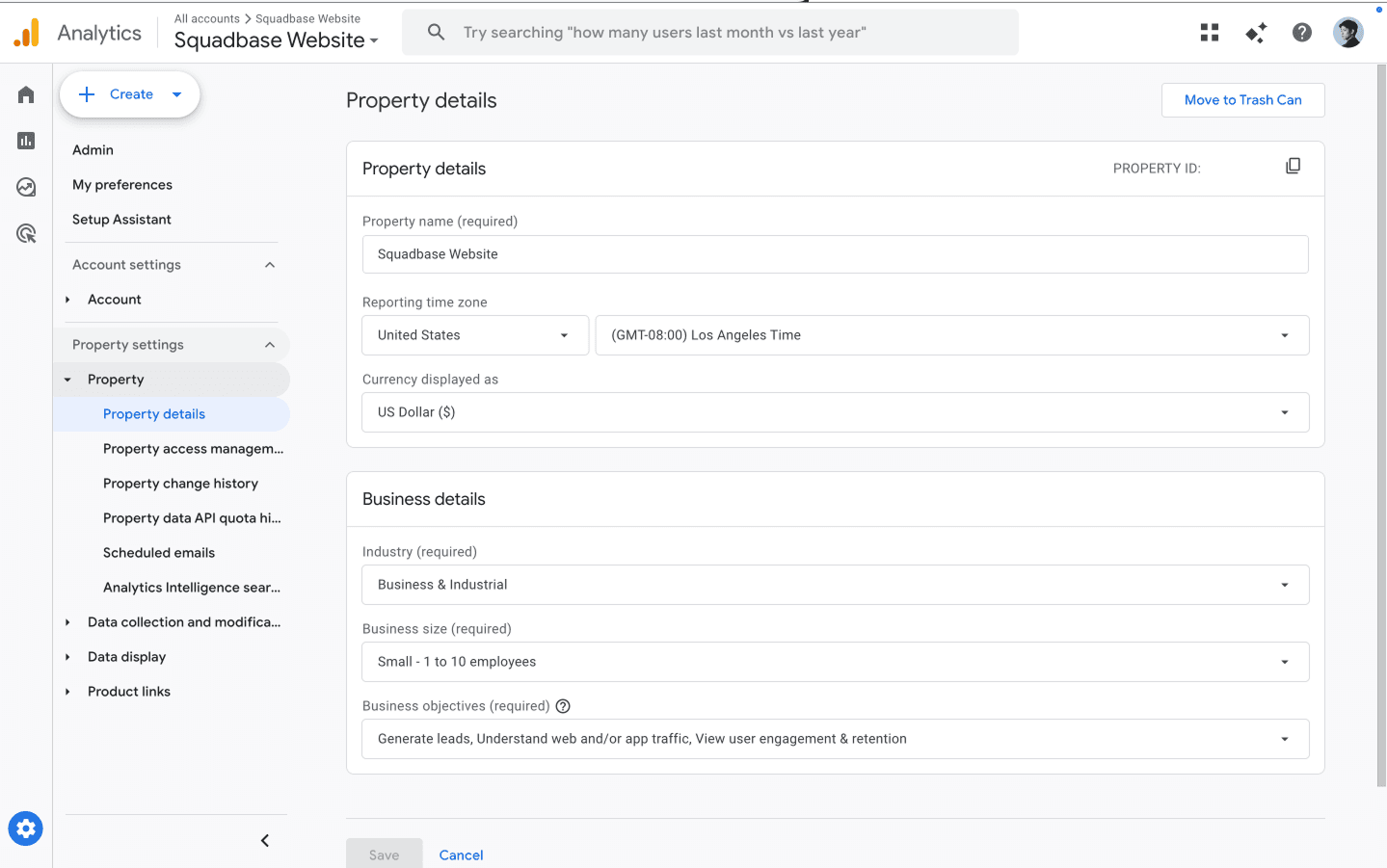Google Analytics property details screen showing the Property ID