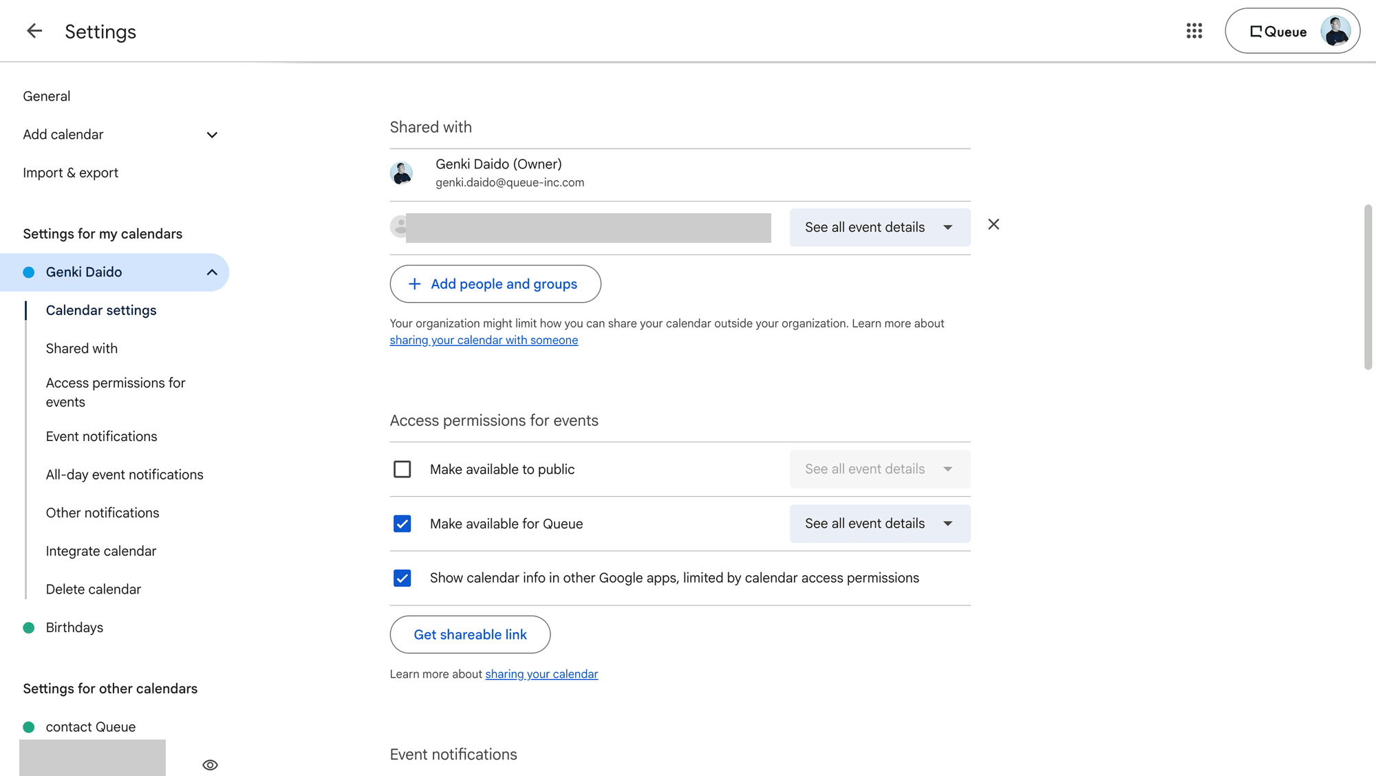 Google Calendar sharing settings showing the service account added with See all event details permission