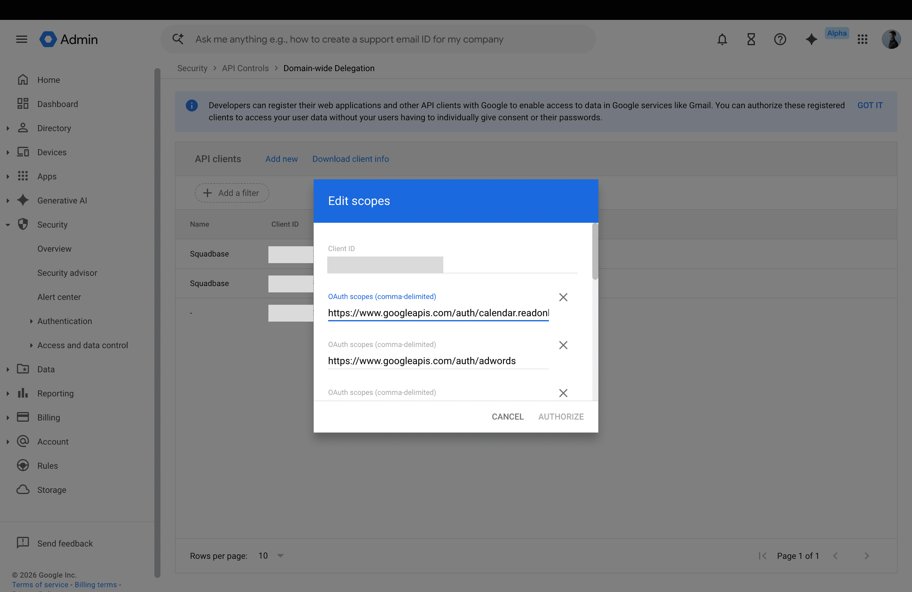 クライアント ID と OAuth スコープを入力するダイアログ