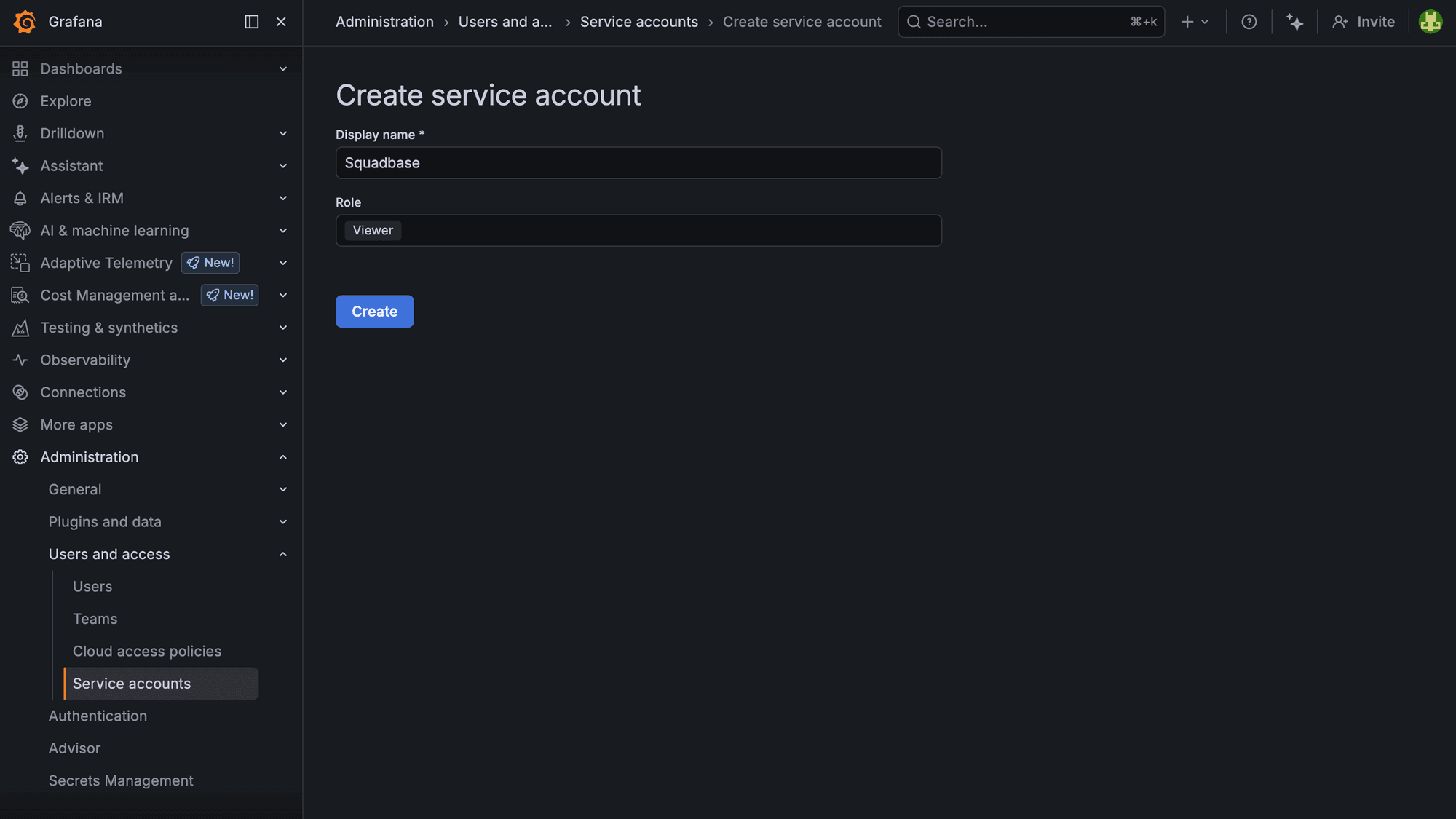 Grafana Create service account form