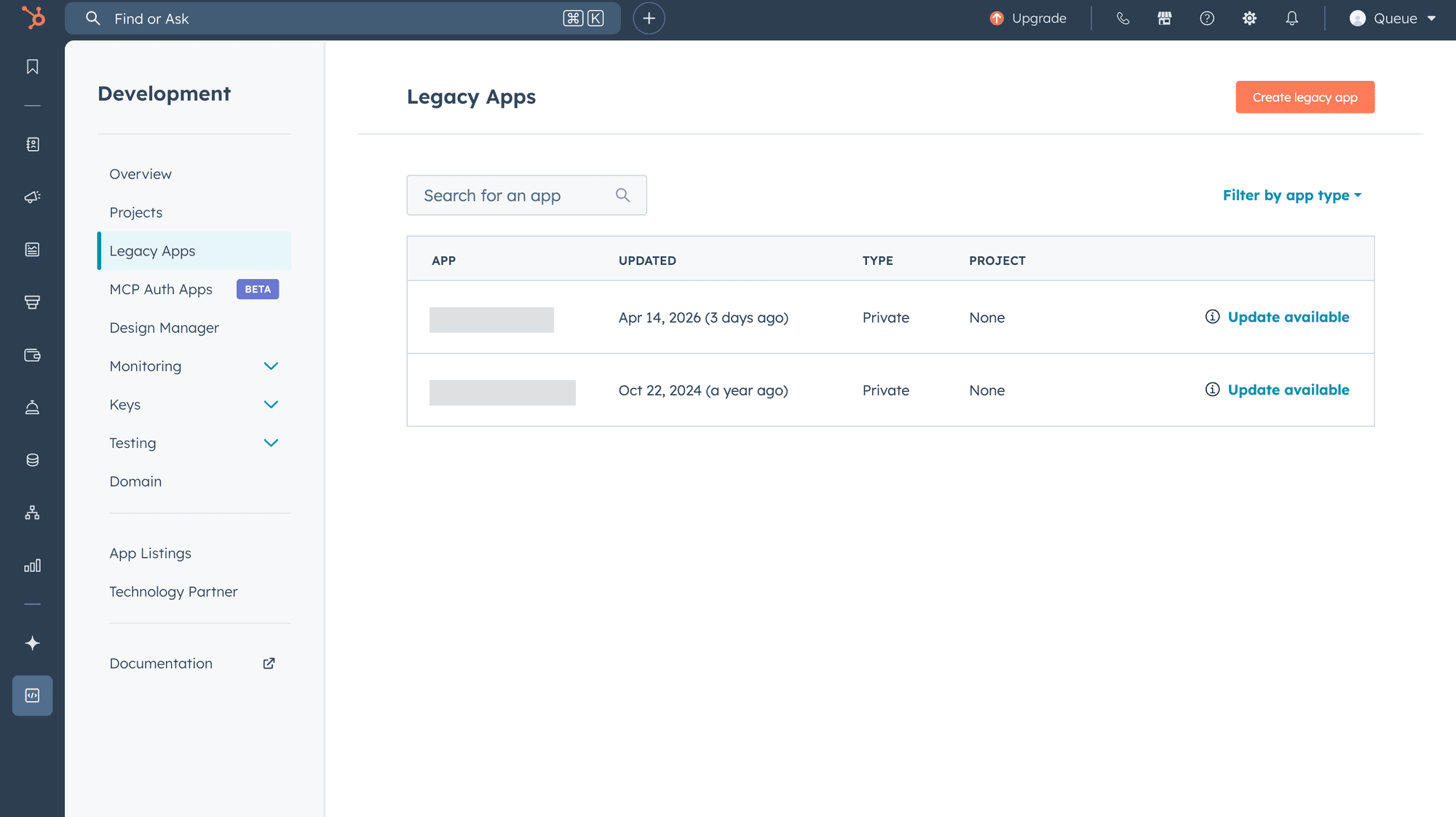 HubSpot Legacy Apps list