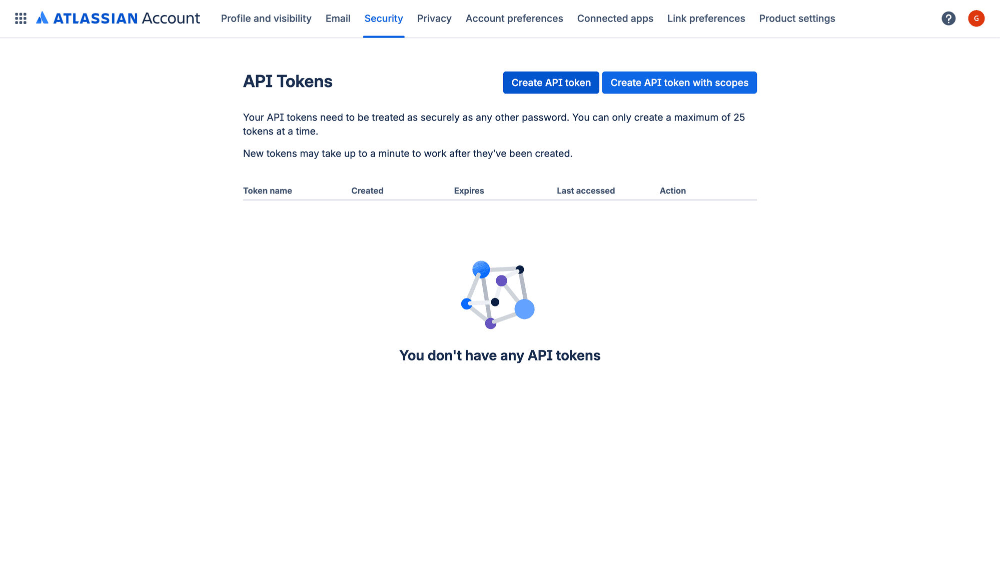 Atlassian API Tokens page