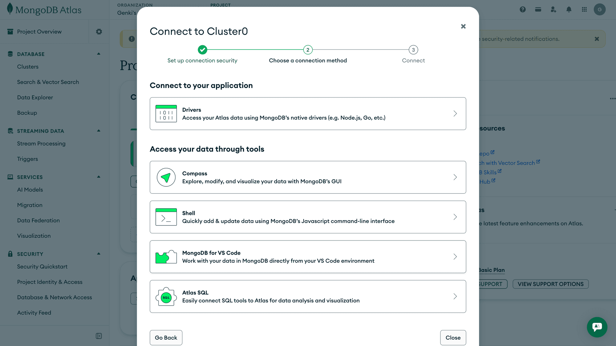 MongoDB Atlas Connect dialog
