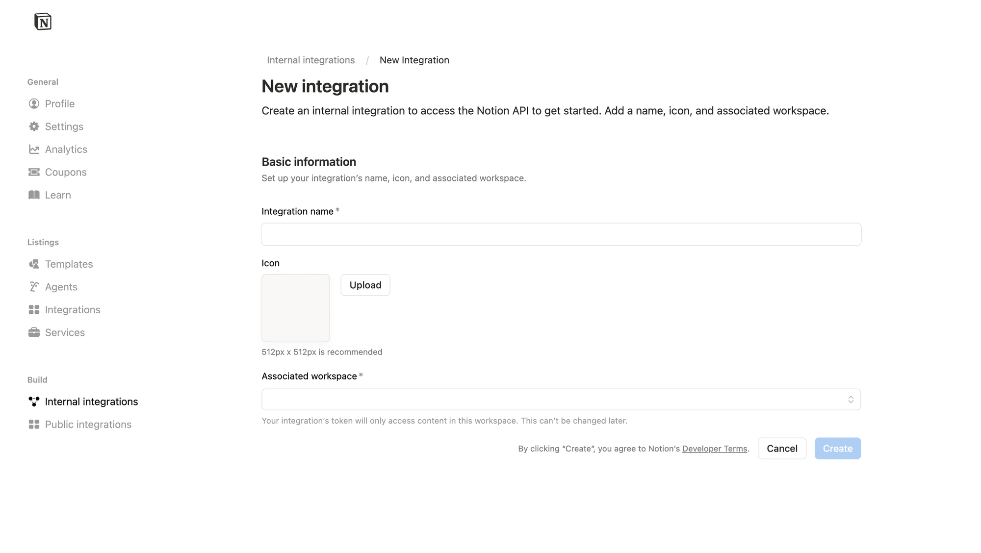 Notion new integration form