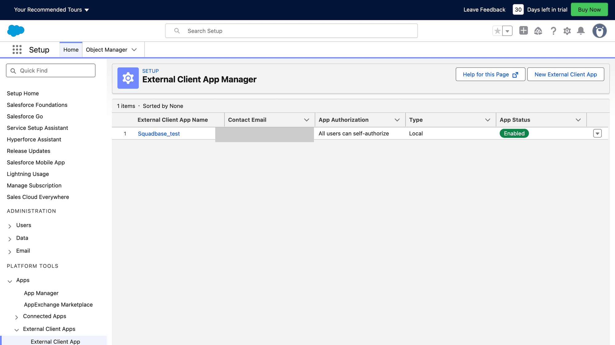 External Client App Manager screen