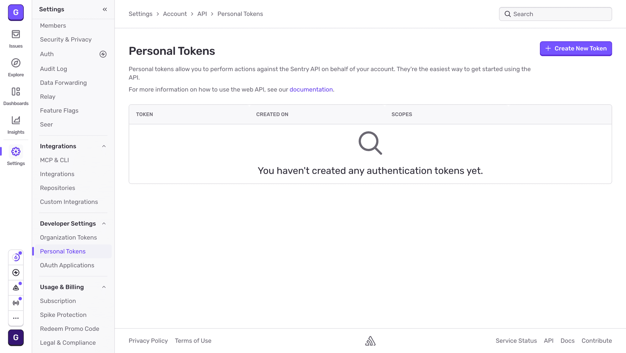 Sentry Personal Tokens page