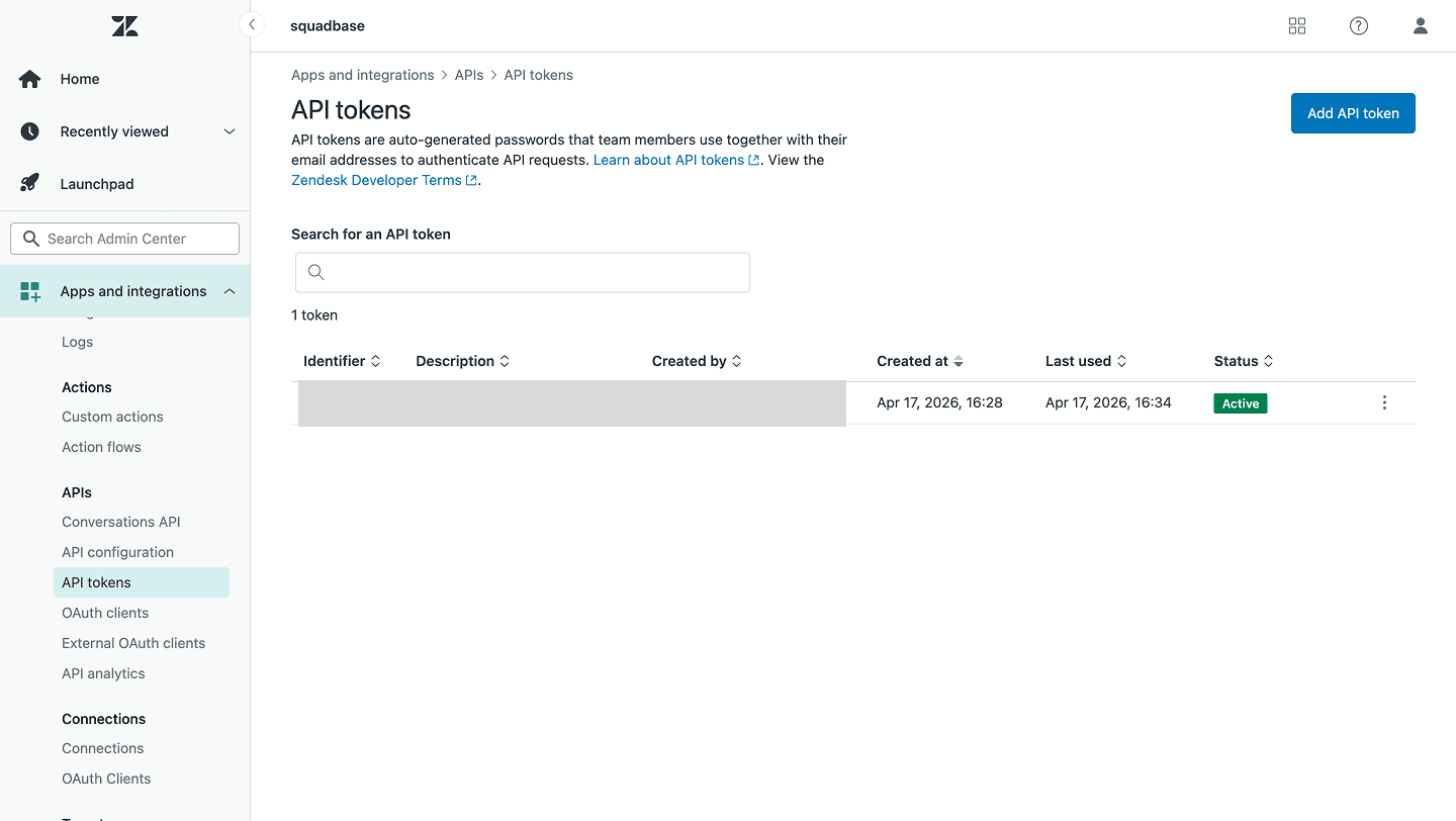 Zendesk API tokens page