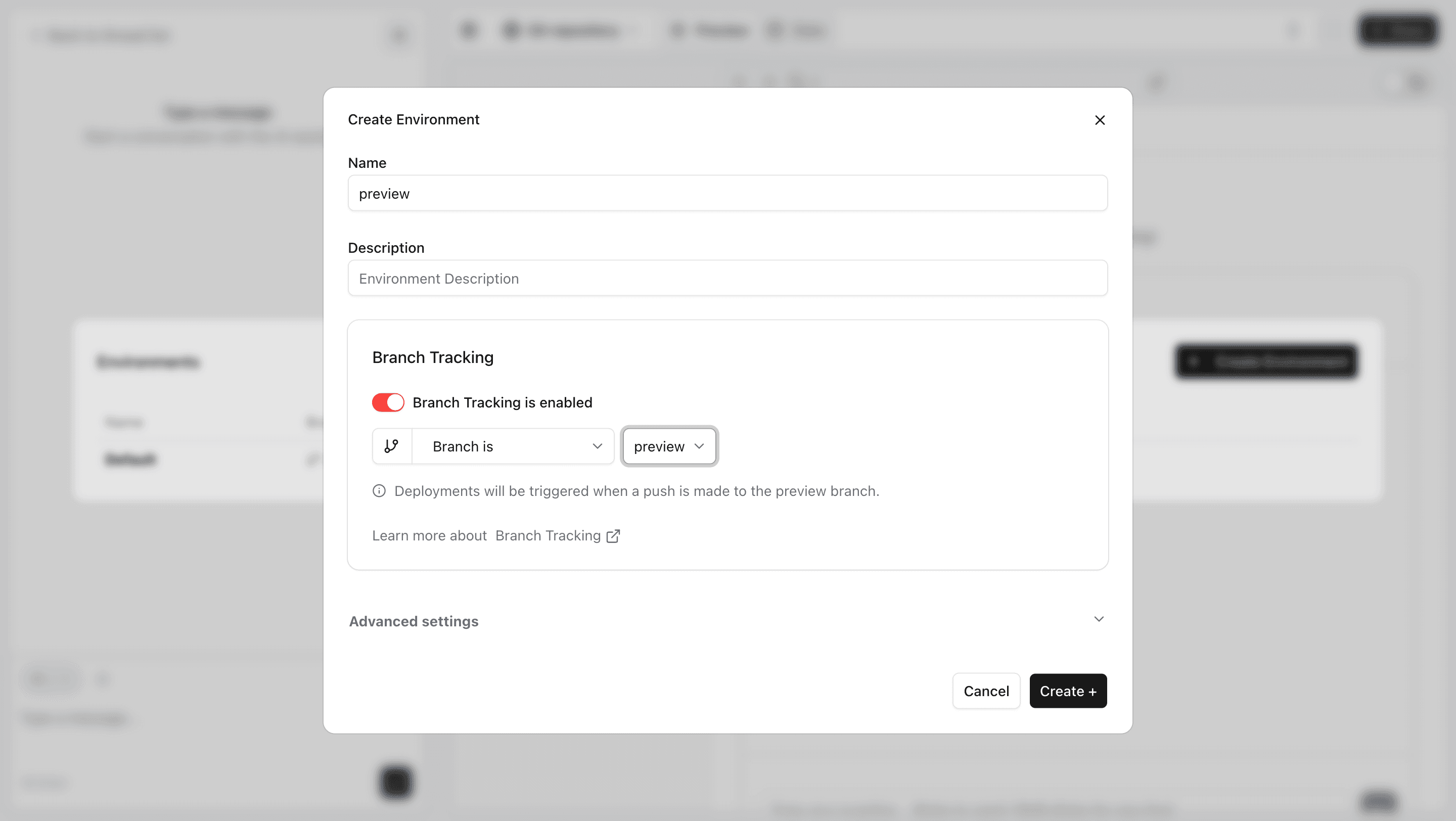 Create environment dialog