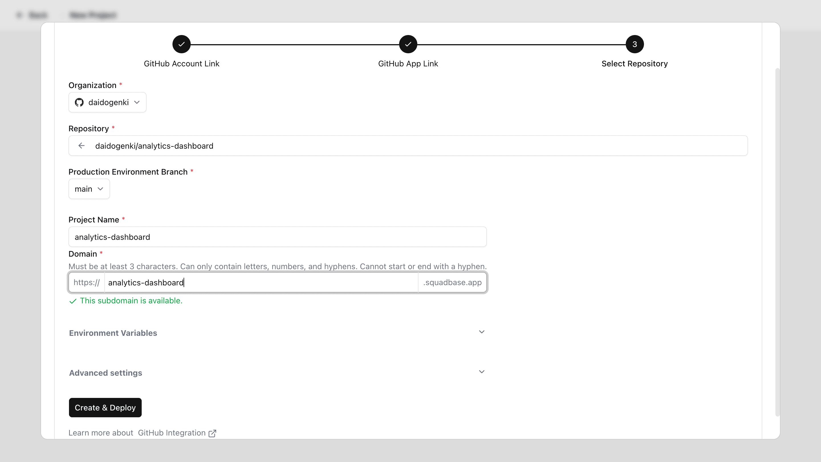 Project creation screen