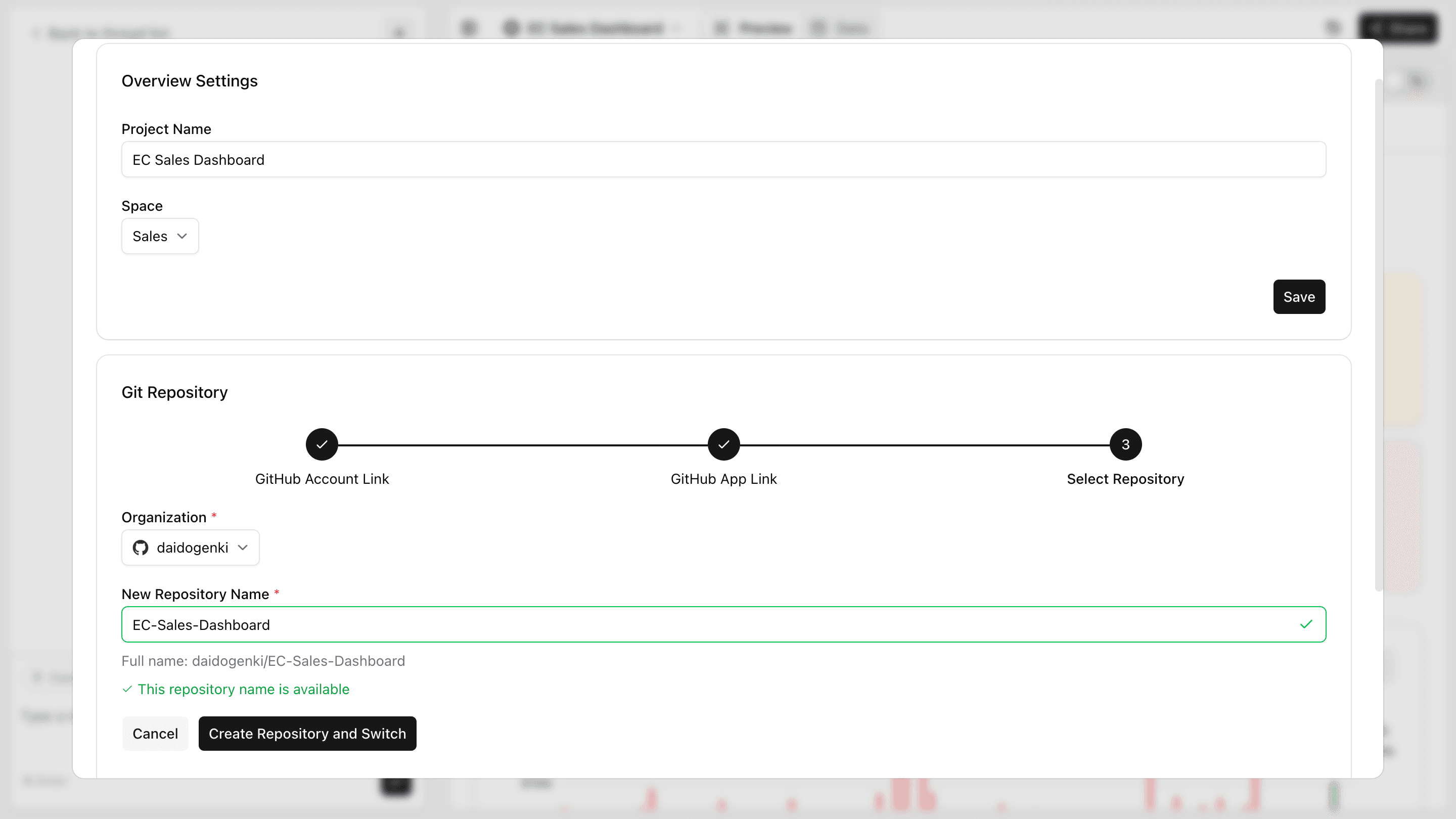 Create repository screen