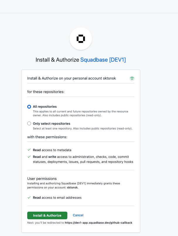 GitHub permission selection screen