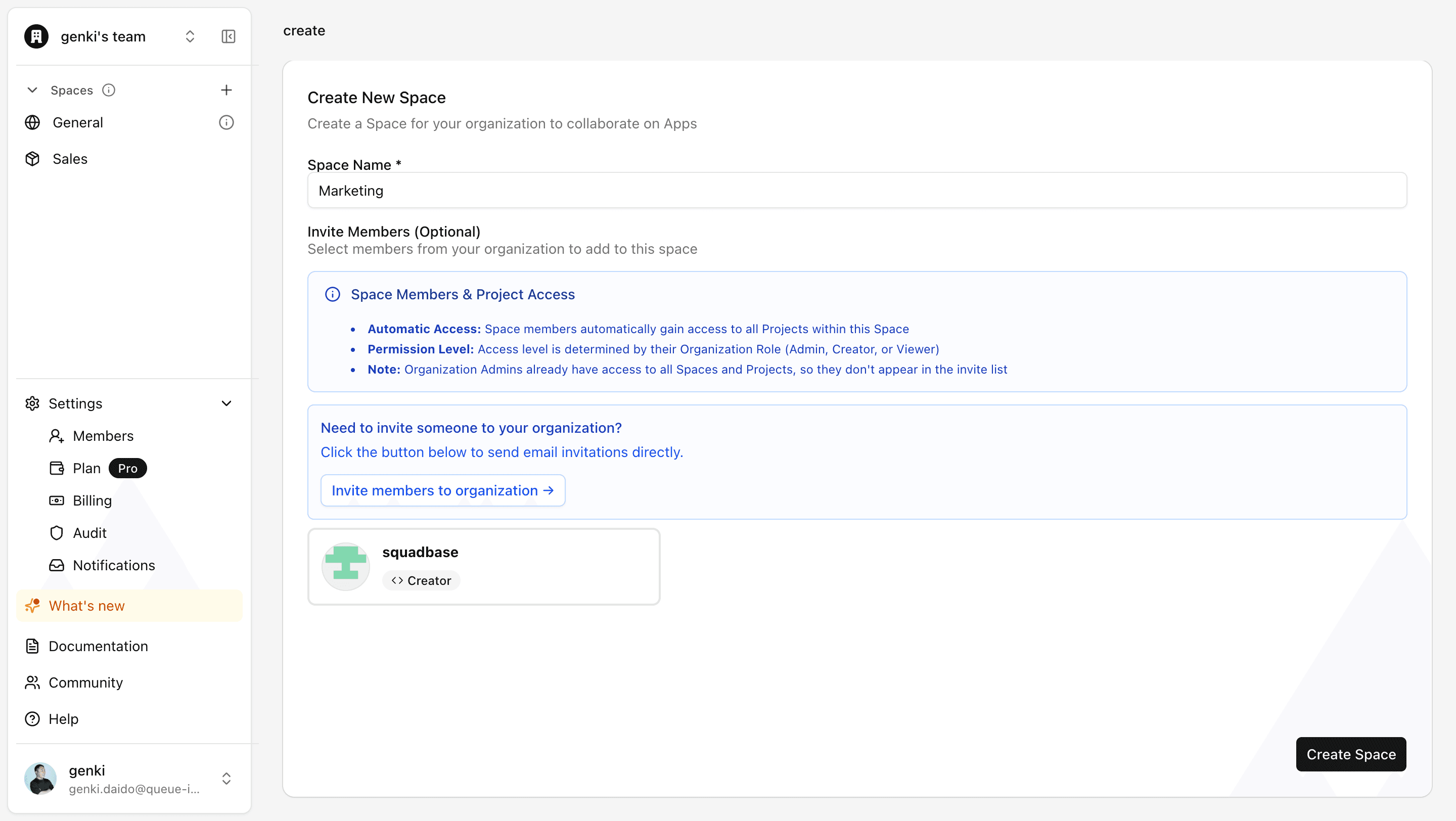 Create space screen