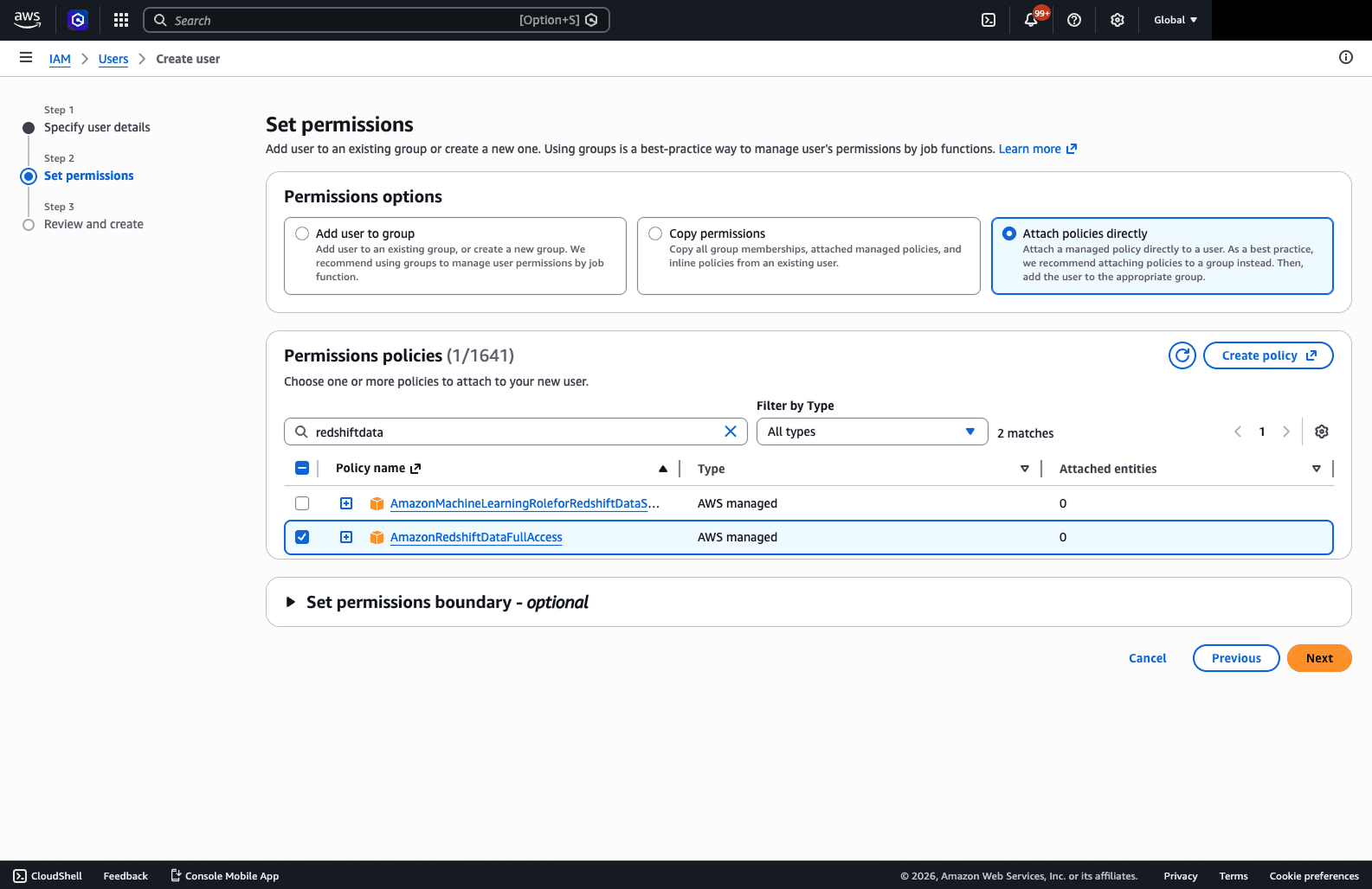 IAM Set permissions - AmazonRedshiftDataFullAccess